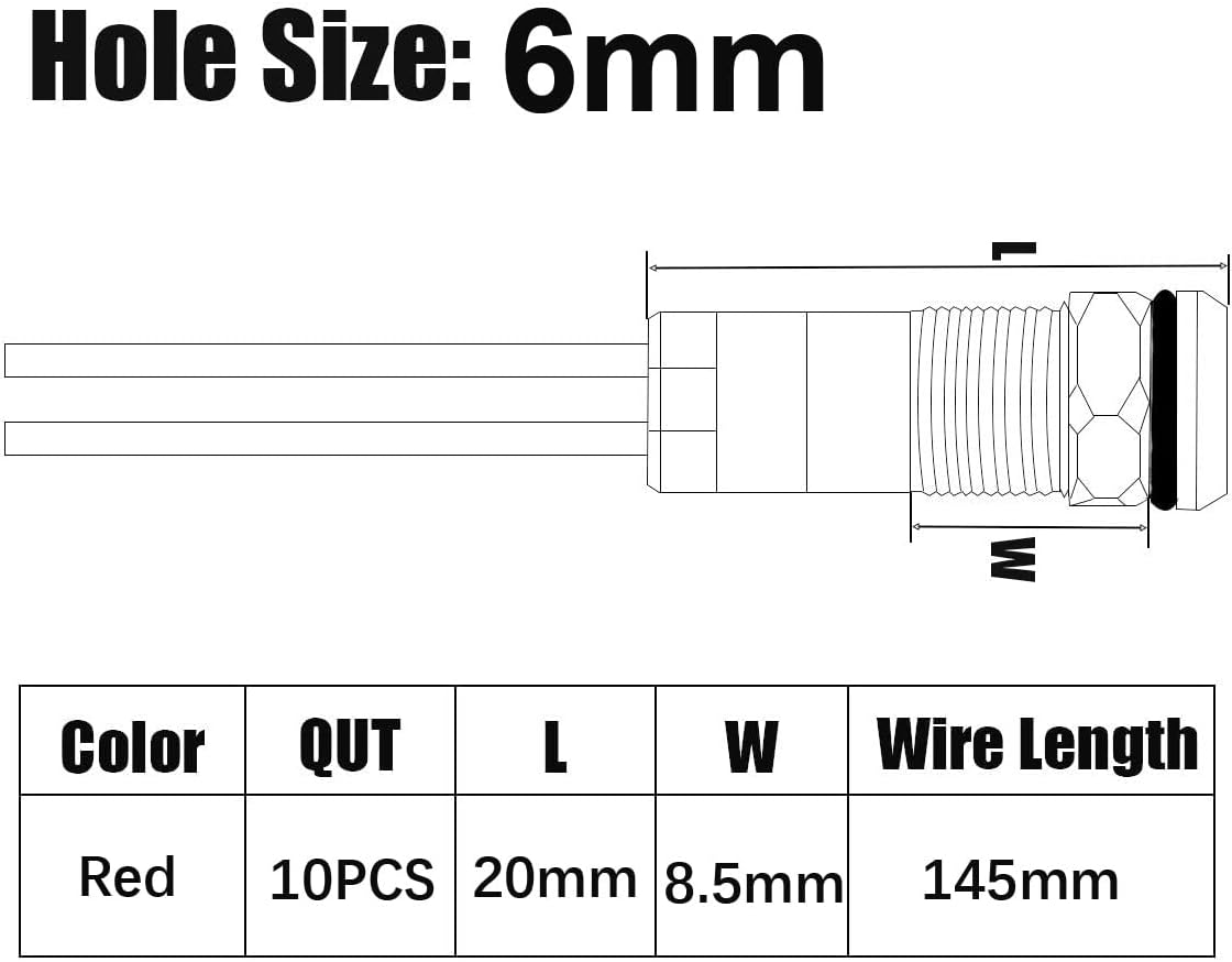 10pcs 6mm 1/4" LED Metal Indicator Light AC/DC 12-24V Waterproof Signal Lamp Pilot Dash Directional with Wire(Red)