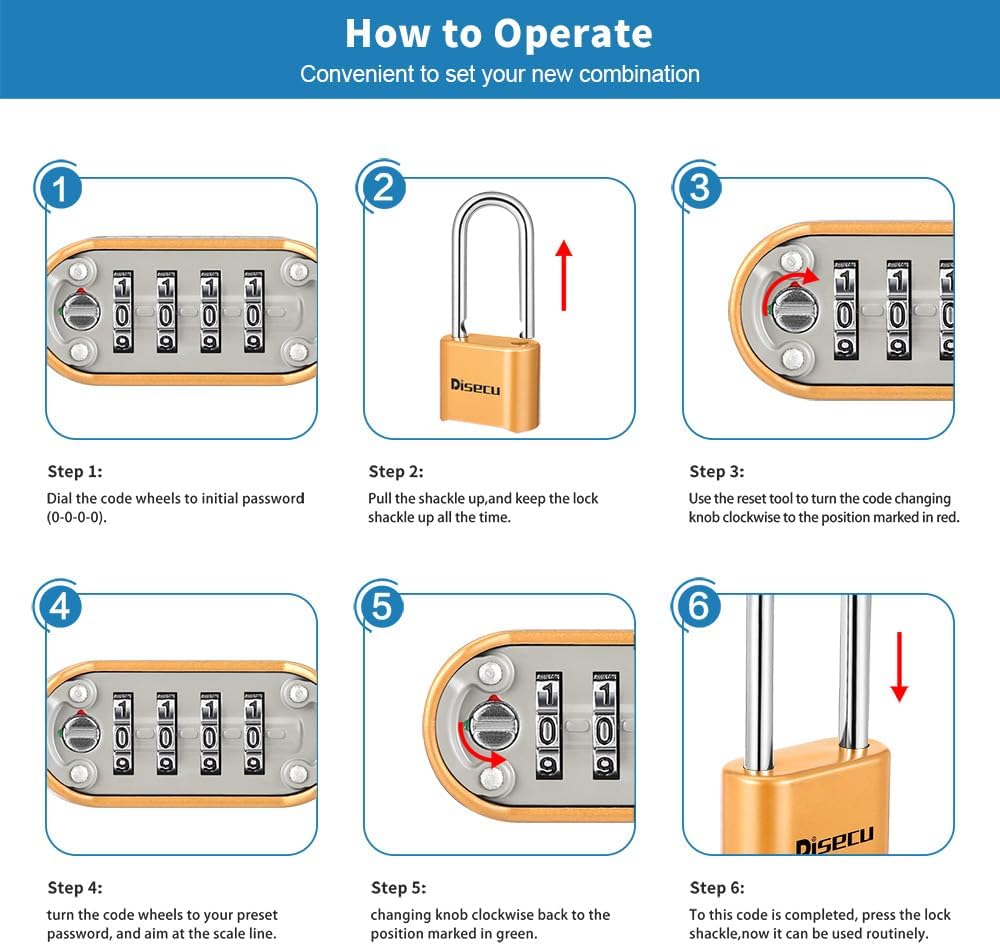 1 Pack disecu Heavy Duty 4 Digit Combination Lock, Anti-Error Feature, 2.5 Inch Long Shackle Outdoor Waterproof Padlock for School Gym Locker, Fence, Gate, Toolbox (Brass)
