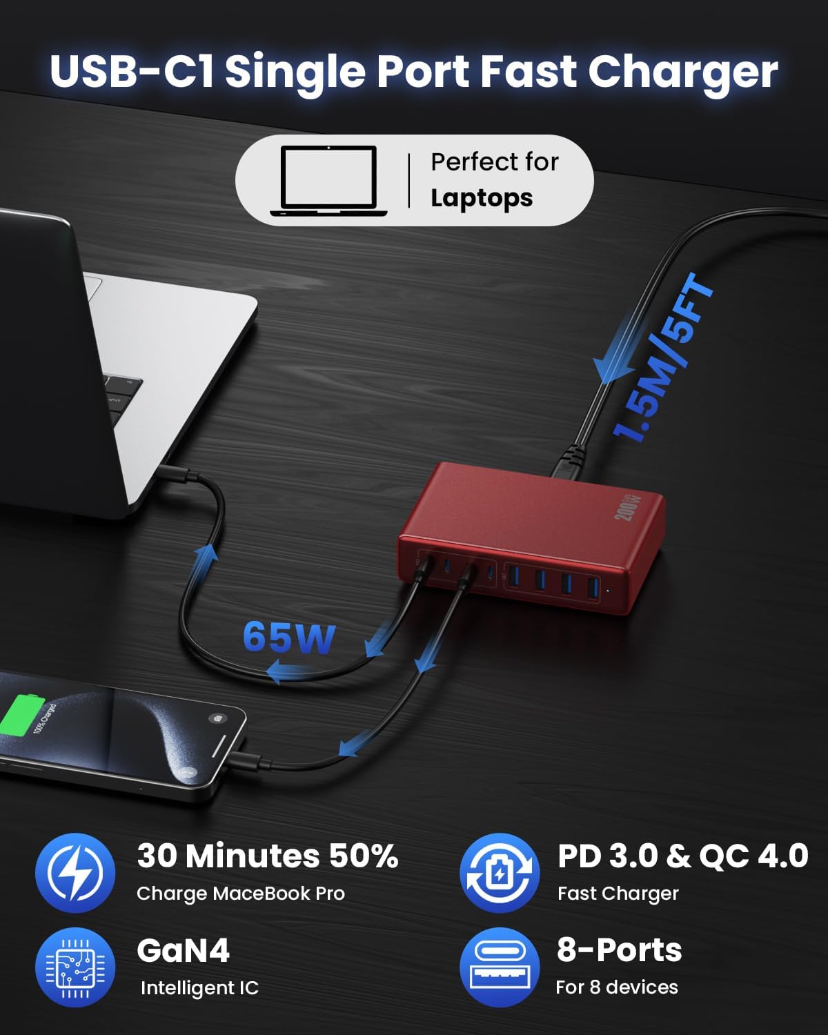 200W USB C Charger Block,GaN IV Charging Station 8 Ports,QC4.0 Fast Charging Station Hub+PD 65W USB C Laptop Charger Adapter Compatible with MacBook Air/Pro,DELL,iPhone 17/16/15,iPad,Steam Deck-Red