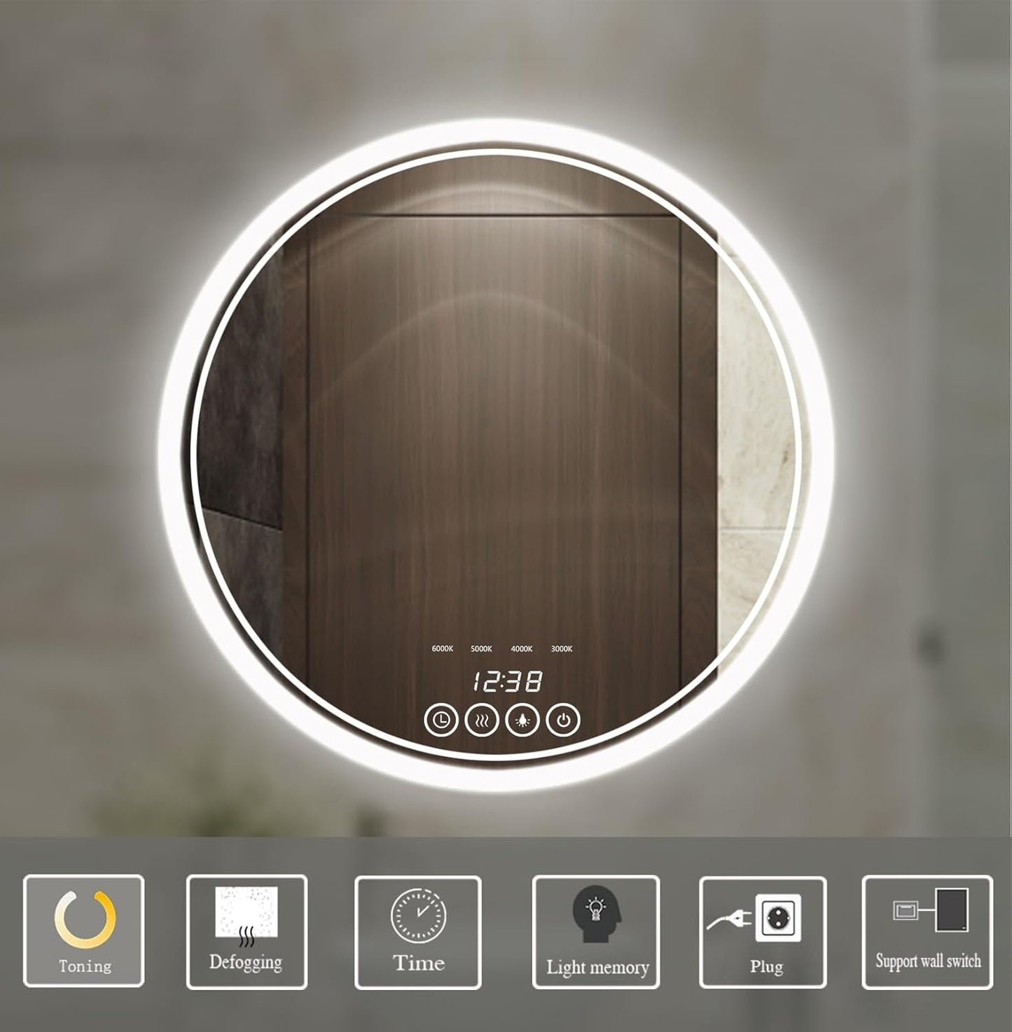 24 Inch Wall-Mounted Round Bathroom Mirror with LED-Lights - Vanity Mirrors (24" x 24",Frameless)
