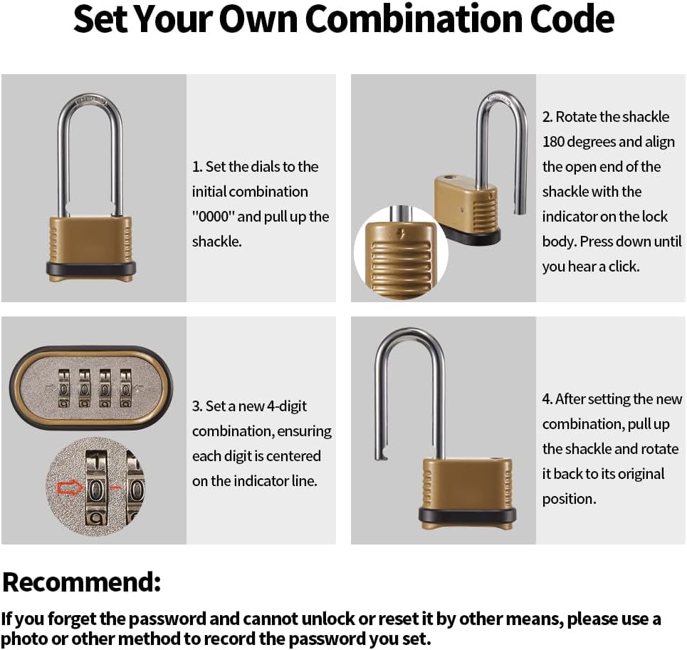 Heavy Duty Combination Lock, 4-Digit Combo Lock with Long Shackle,Weatherproof Combination Padlock for Outdoor Use,4 Pack