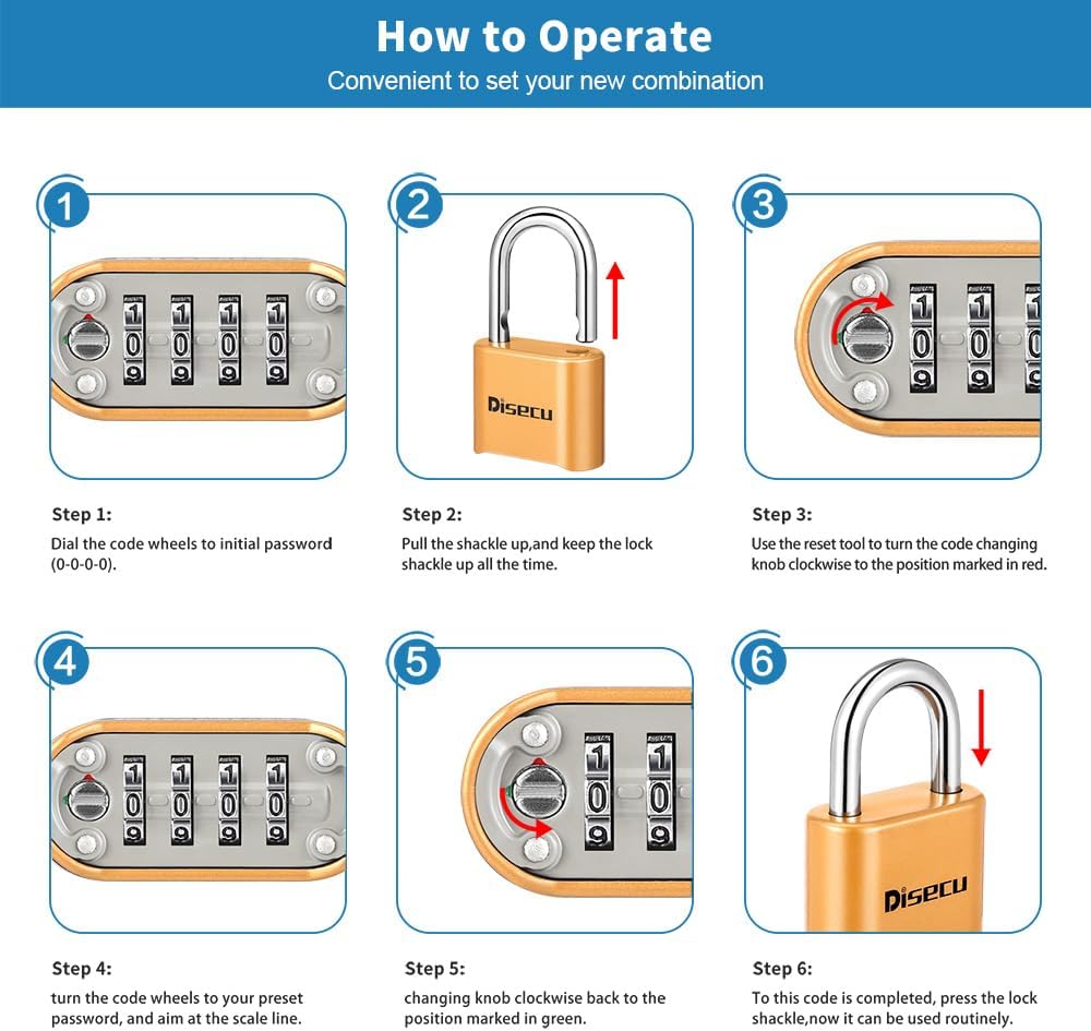 1 Pack disecu Heavy Duty 4 Digit Combination Lock, Anti-Error Feature, Outdoor Waterproof Padlock for School Gym Locker, Fence, Gate, Hasp Storage, Toolbox (Brass)