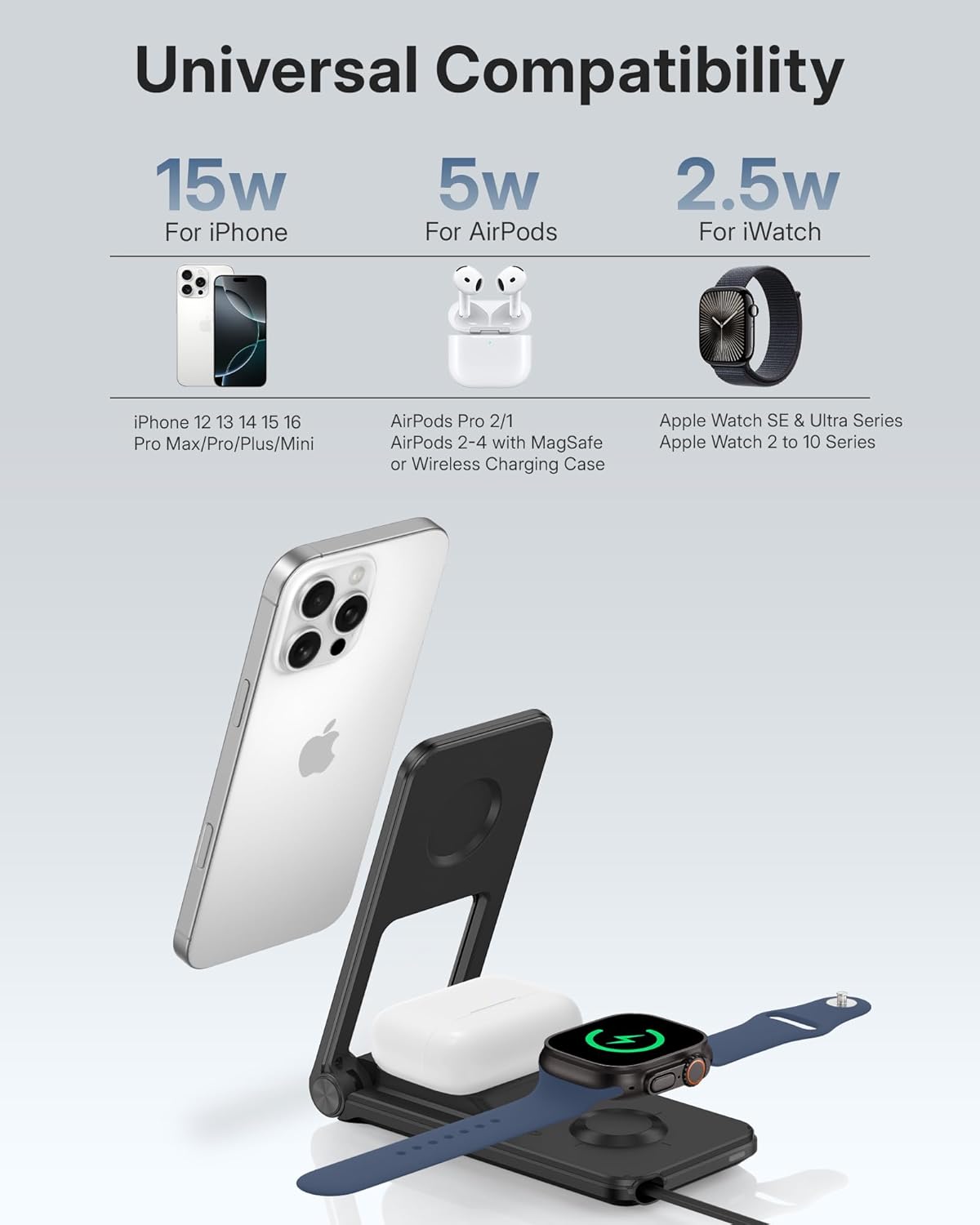 3 in 1 Charging Station for Apple Devices, Magnetic Wireless Charger Stand, 15W Foldable Travel Charging Dock for iPhone 17 16 15 14 13 12 Pro Max Plus Air & Apple Watch & AirPods 4 3 2 Pro, Black