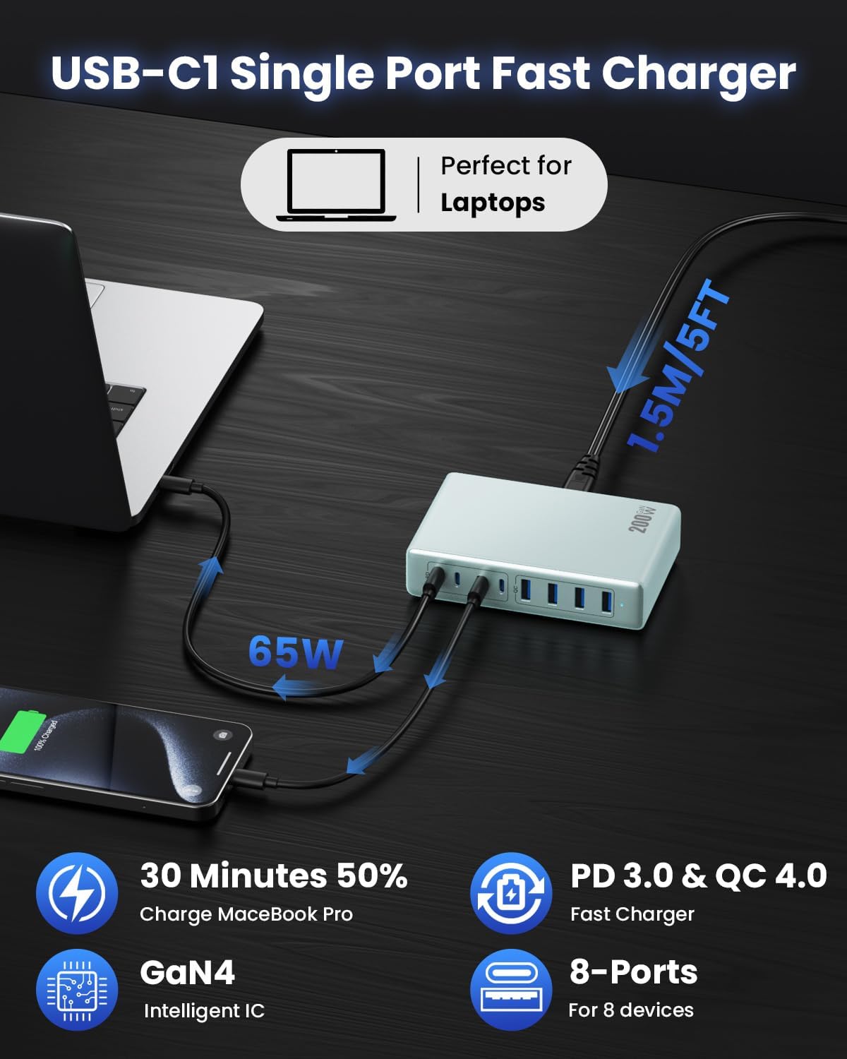 200W USB C Charger Block,GaN IV Charging Station 8 Ports,QC4.0 Fast Charging Station Hub+PD 65W USB C Laptop Charger Adapter Compatible with MacBook Air/Pro,DELL,iPhone 17/16,iPad,Steam Deck-Sky Blue