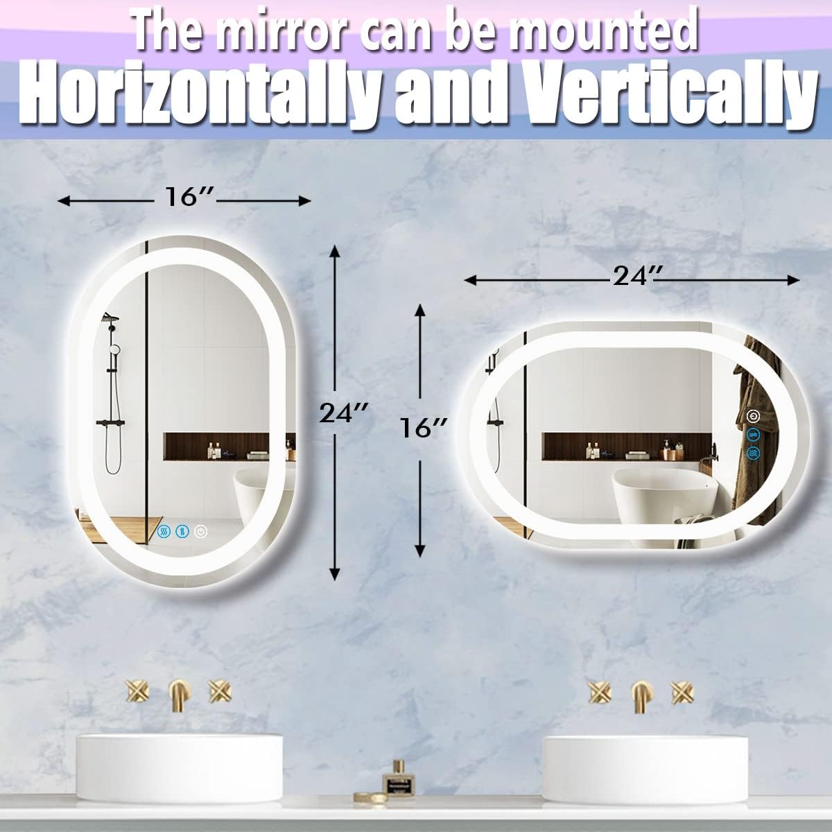 24 x 16 Inch Oval LED Bathroom Mirror with Front Lights Smart Memory 3 Color Adjustable Brightness Anti-Fog 24 Inch Oval Lighted Vanity Mirror for Bathroom Wall Horizontal Vertical Mounted