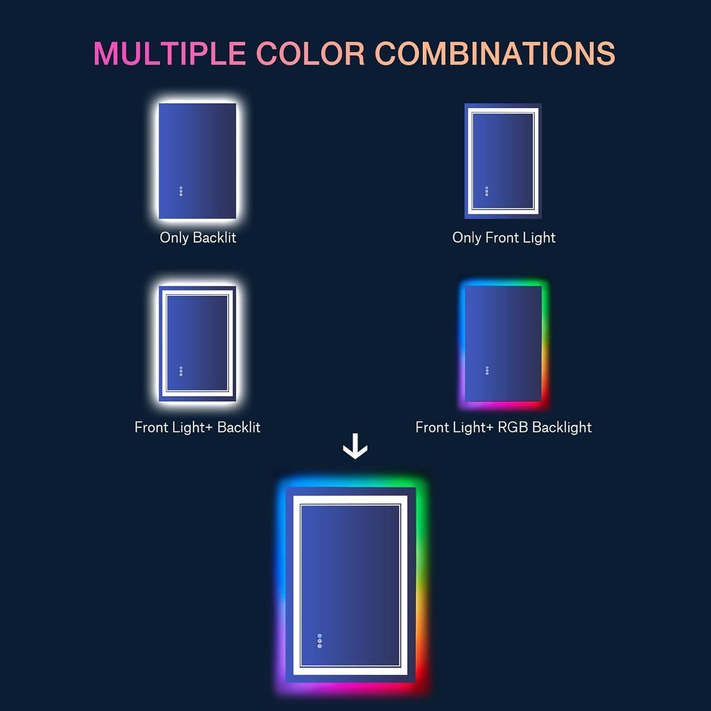 24x36 inch RGB LED Bathroom Mirror with Lights, Colorful Changing Lighted Mirror, Shatterproof Dimmable Anti-Fog LED Vanity Mirror for Bathroom (RGB Backlit + Front-Lit)
