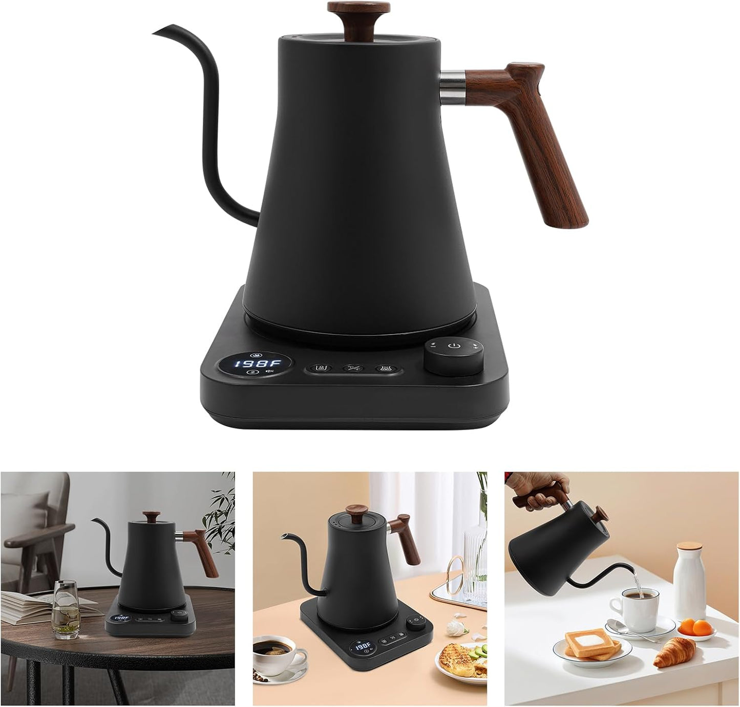 0.9L Gooseneck Electric Kettle 1200W, ±1°F Precise Temp Control & 24H Keep Warm | Pour-Over Coffee & Tea Kettle with LCD Timer, 110V for Home Office (Black)