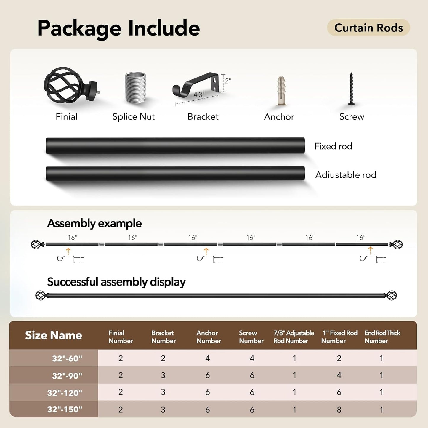 2 Pack Curtain Rods for Windows 72 to 144, 1 Inch Adjustable Decorative Long Black Curtain Rod with Twisted Cage End, Modern Heavy Duty Indoor Outdoor Drapery Rods for Patio, Size 32" - 150"