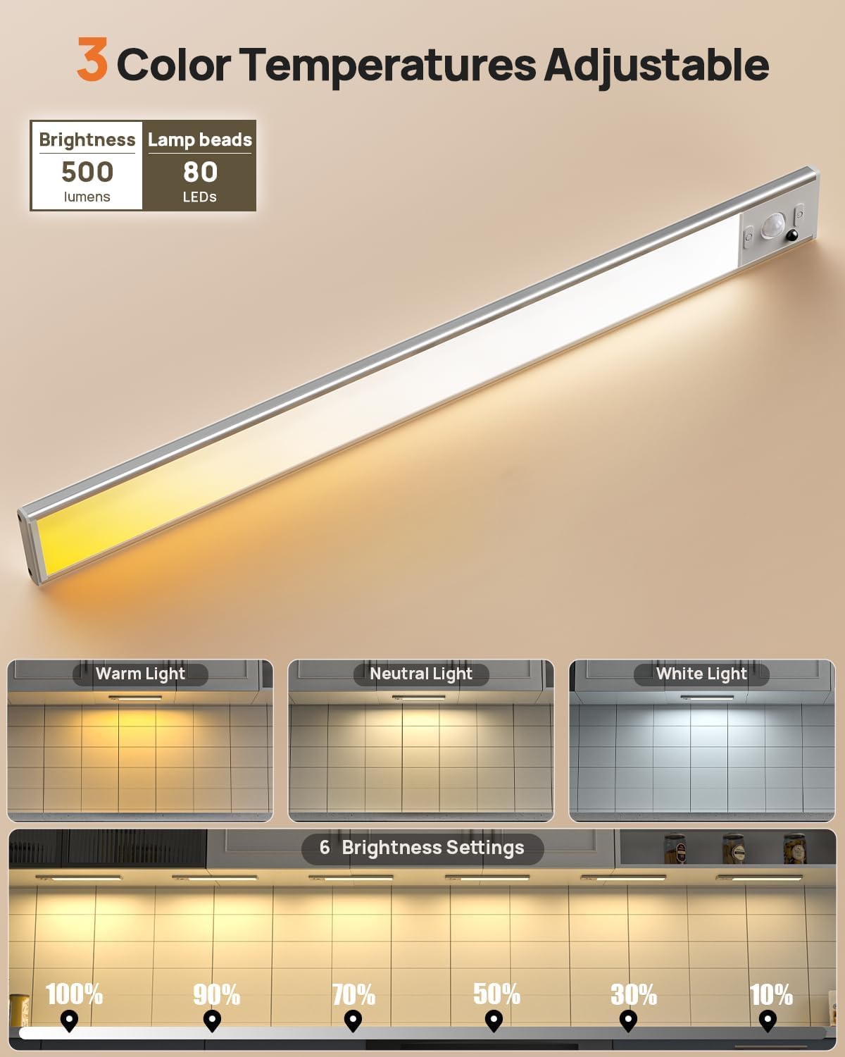 16in Under Cabinet Lighting with Remote, 160 LED Motion Sensor Light Indoor, 4000mAh USB Rechargeable Closet Lights Wireless, 3 Color Temps Under Counter Lights for Kitchen, Pantry, Stair, 3 Pack