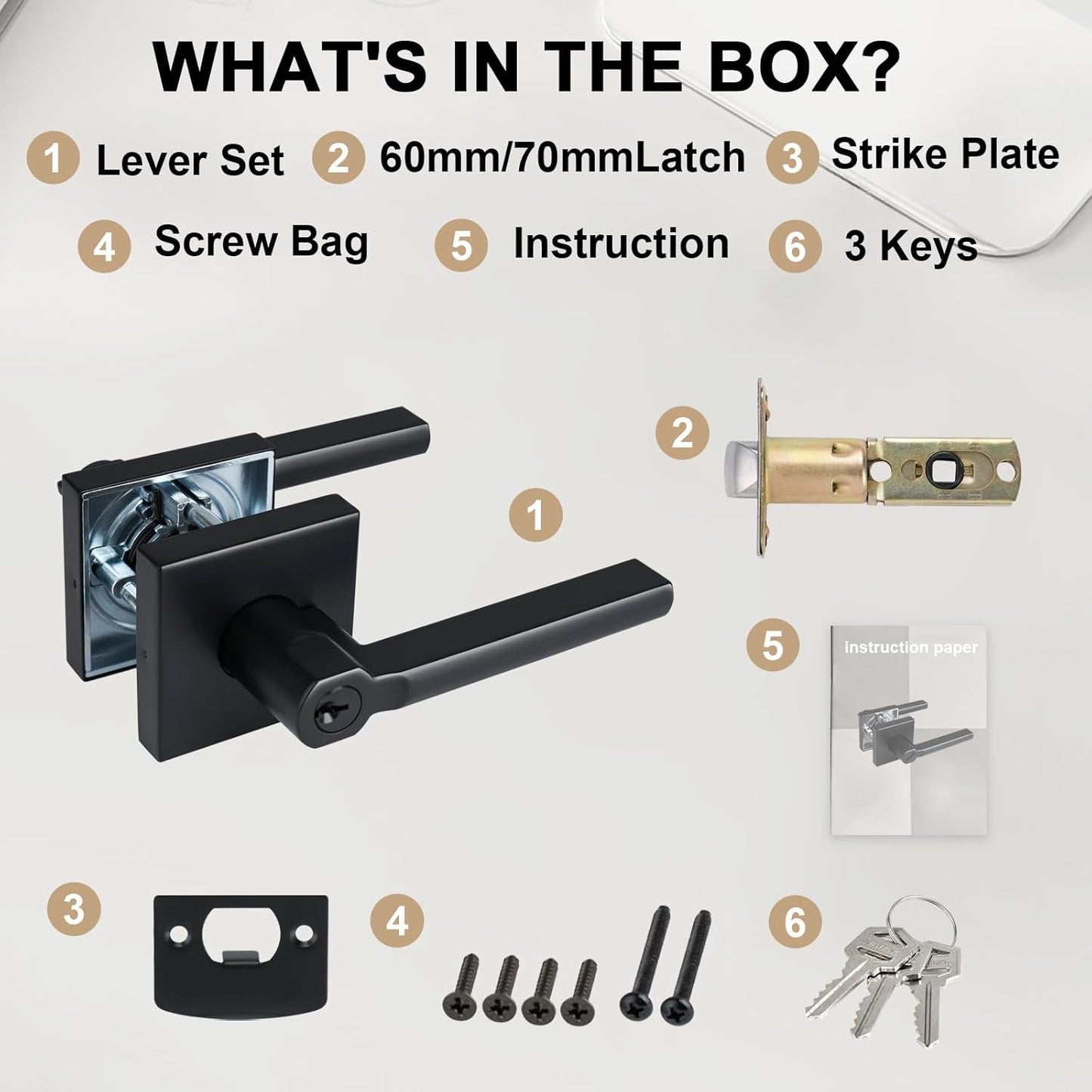 Keyed Entry Door Lever with Lock, Heavy Duty Square Interior Handle for Front Door and Office, Matte Black, Reversible for Right&Left Handed, 6Packs