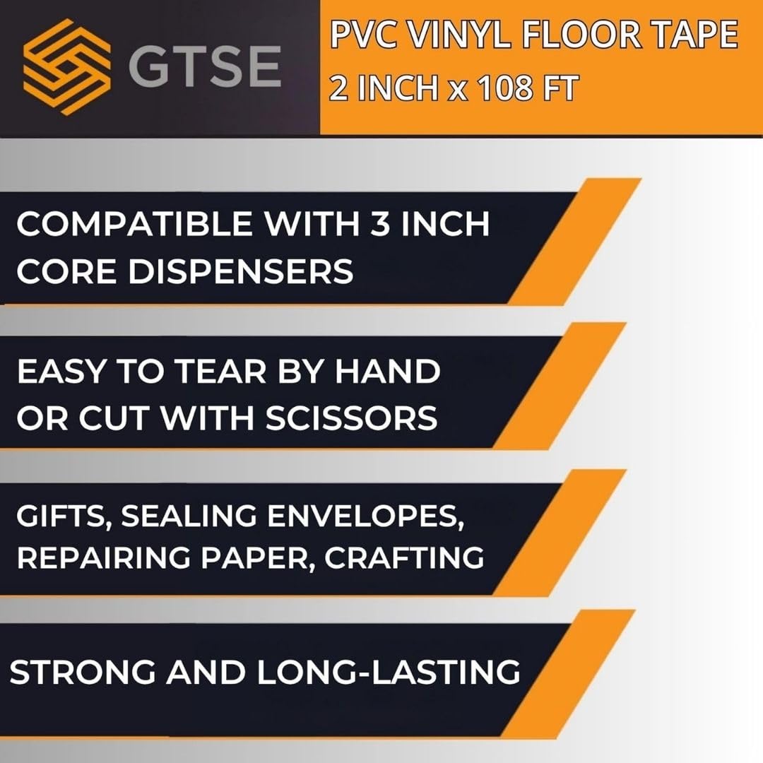 GTSE 2 inch x 108 ft Orange PVC Vinyl Floor Tape, 48 Rolls, Safety Marking Tape, 6 mil Thick, Suitable for Dance Floors, Gyms, Warehouses, Sports Facilities