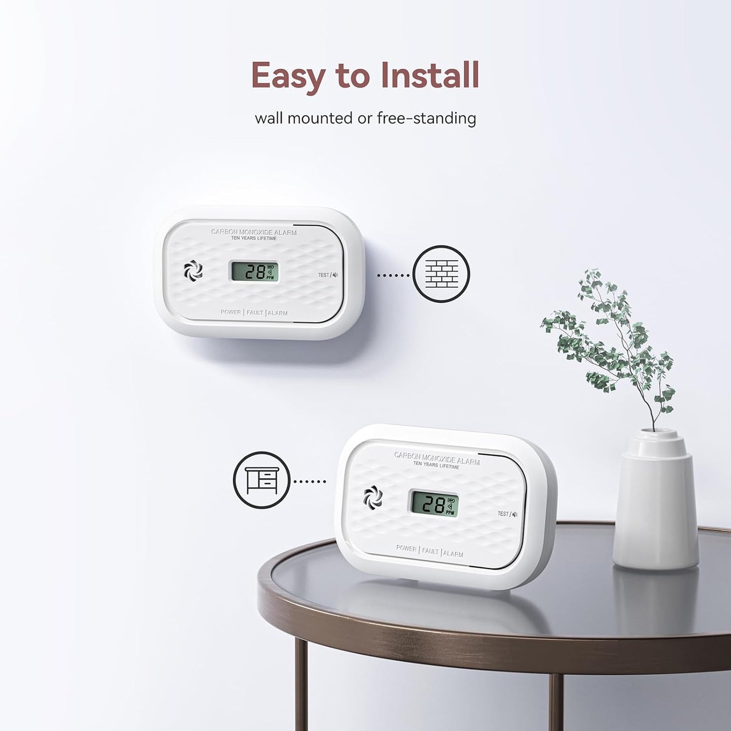 2 Pack Carbon Monoxide Detectors,10 Year Battery Carbon Monoxide Alarm, CO Detector with LCD Display, 3 LED Lights CO Alarm for Home