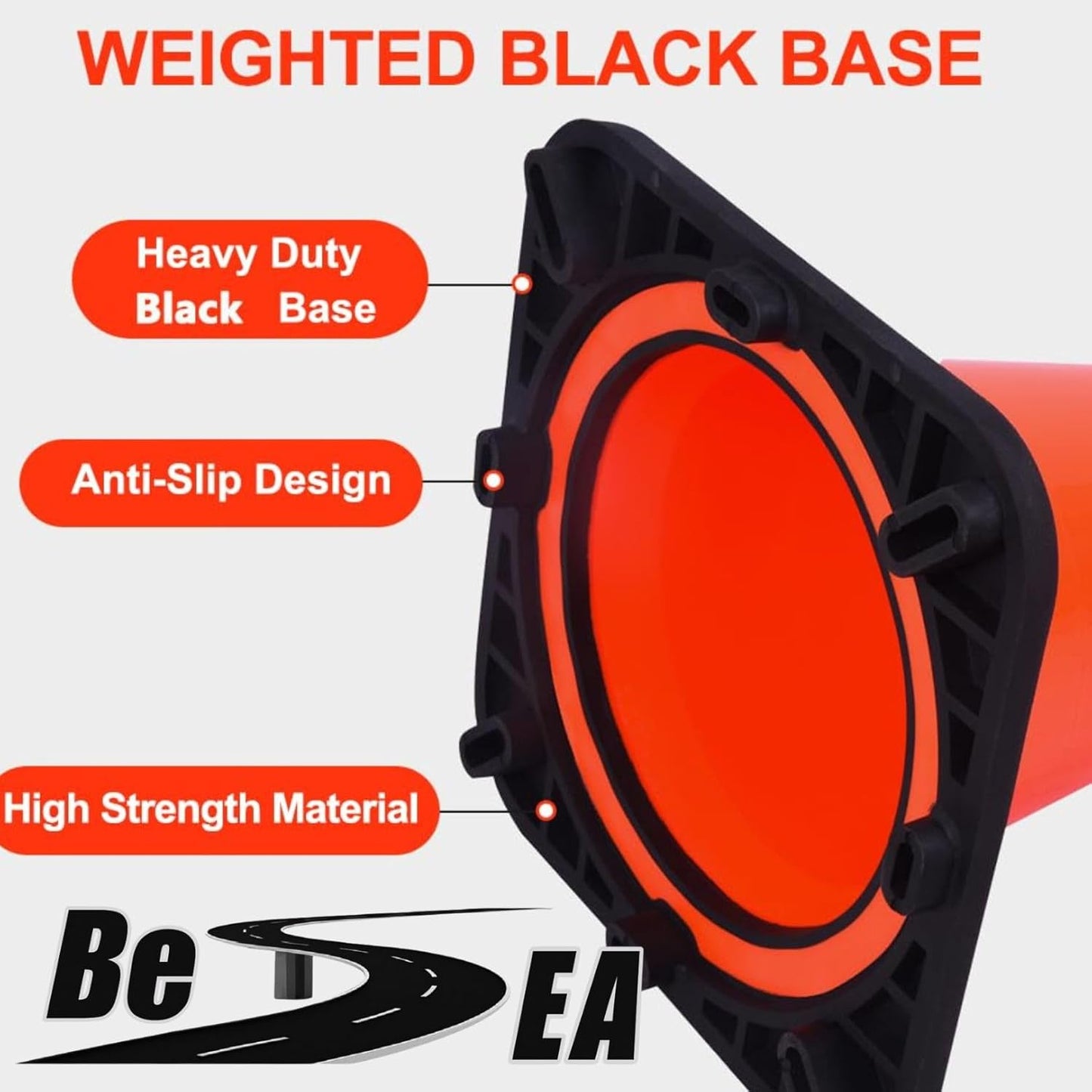 (8 Cones) BESEA 18" inch Traffic Cones Traffic Safety Cones Black Base Construction Road Parking Cone with 6" Highly Reflective Collar(8 Pack)