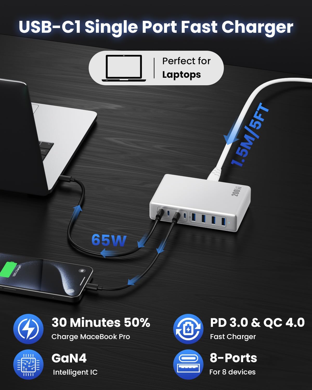 200W USB C Charger Block,GaN IV Charging Station 8 Ports,QC4.0 Fast Charging Station Hub+PD 65W USB C Laptop Charger Adapter Compatible with MacBook Air/Pro,DELL,iPhone 17/16/15,iPad,Steam Deck-White