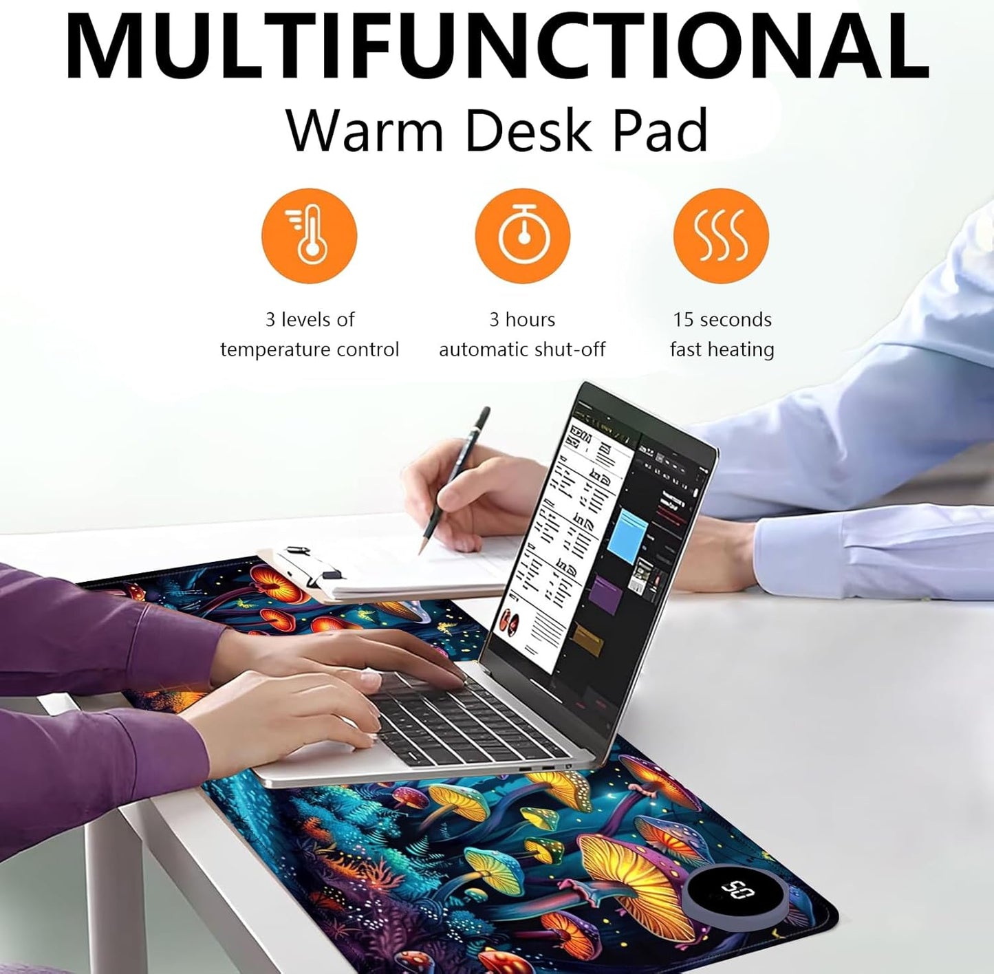 Heated Mouse Pad with 3 Levels Heated & 3 Hours Auto Shut-Off Mouse Pad for Warming Hands in Office Home, 31.5" x 13"Large Safe Desk Mat Hand Warmer,Forest Glowing Mushroom
