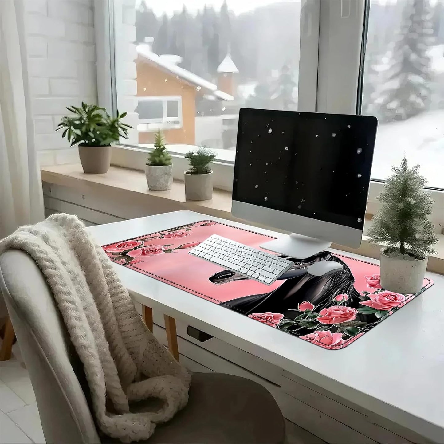 Heated Mouse Pad with 3 Temperature Settings(104°F–122°F),Large 31.5x13 Inch PU Leather Heated Desk Mat,Waterproof Warming Pad for Office,Gaming & Cold Hands Relief,Pink Rose Black Horse