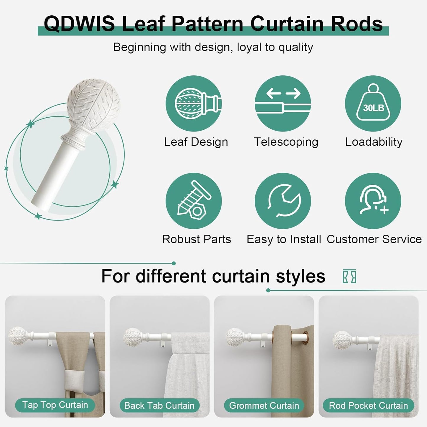 2 Pack Antique White Ball Curtain Rods for Windows 28 to 48 Inch,1 Inch Heavy Duty Adjustable Curtain Rod,Boho Decorative Drapery Rods Set with Brackets,Size:18''-60''