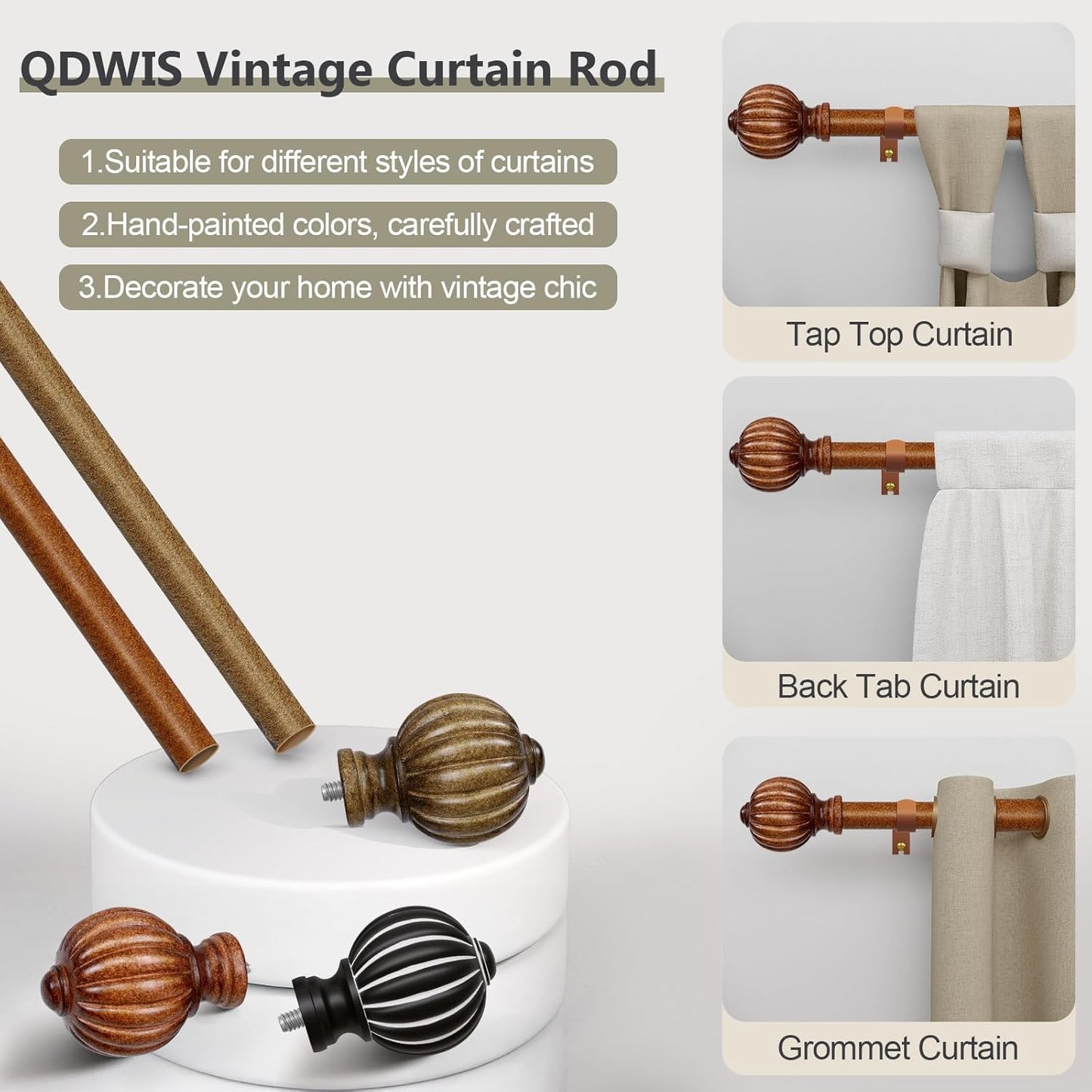 2 Pack Dark Brown Wood Curtain Rods for Windows 48 to 84 Inch, 1'' Adjustable Heavy Duty Curtain Rod,Vintage Imitation Wood Decorative Drapery Rods with Pumpkin Finials for Bedroom Living Room