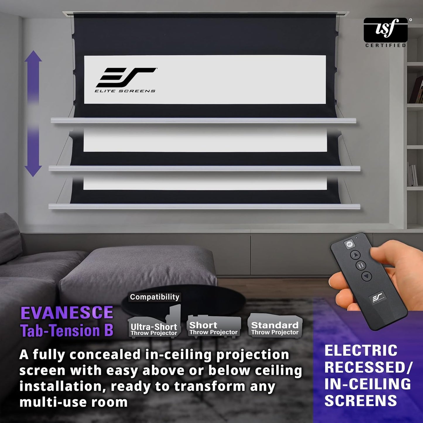 Elite Screens Evanesce Tab-Tension B, 120-inch 16:9, 4K / 8K HD, Recessed in-Ceiling Electric Tab Tensioned Projector Screen, Matte White Projection Screen Surface Programmed Remote Kit, ETB120HW3-E8
