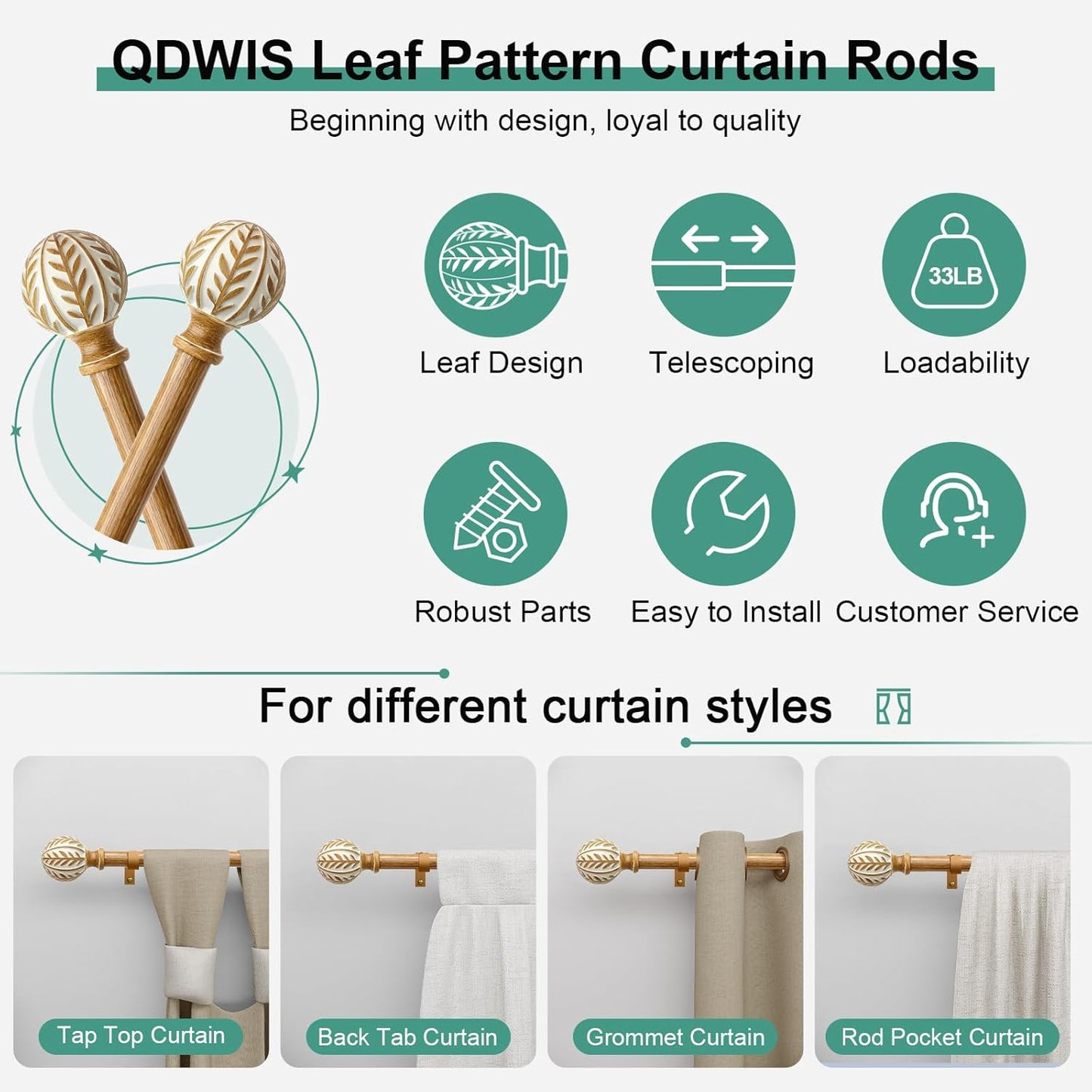2 Pack Boho Wood Curtain Rods for Windows 48 to 84 inch,1" Adjustable Heavy Duty Window Curtain Rod with Imitation Wood Grain Finials,Rustic Decorative Drapery Rods Set 36-88'',Maple Wood