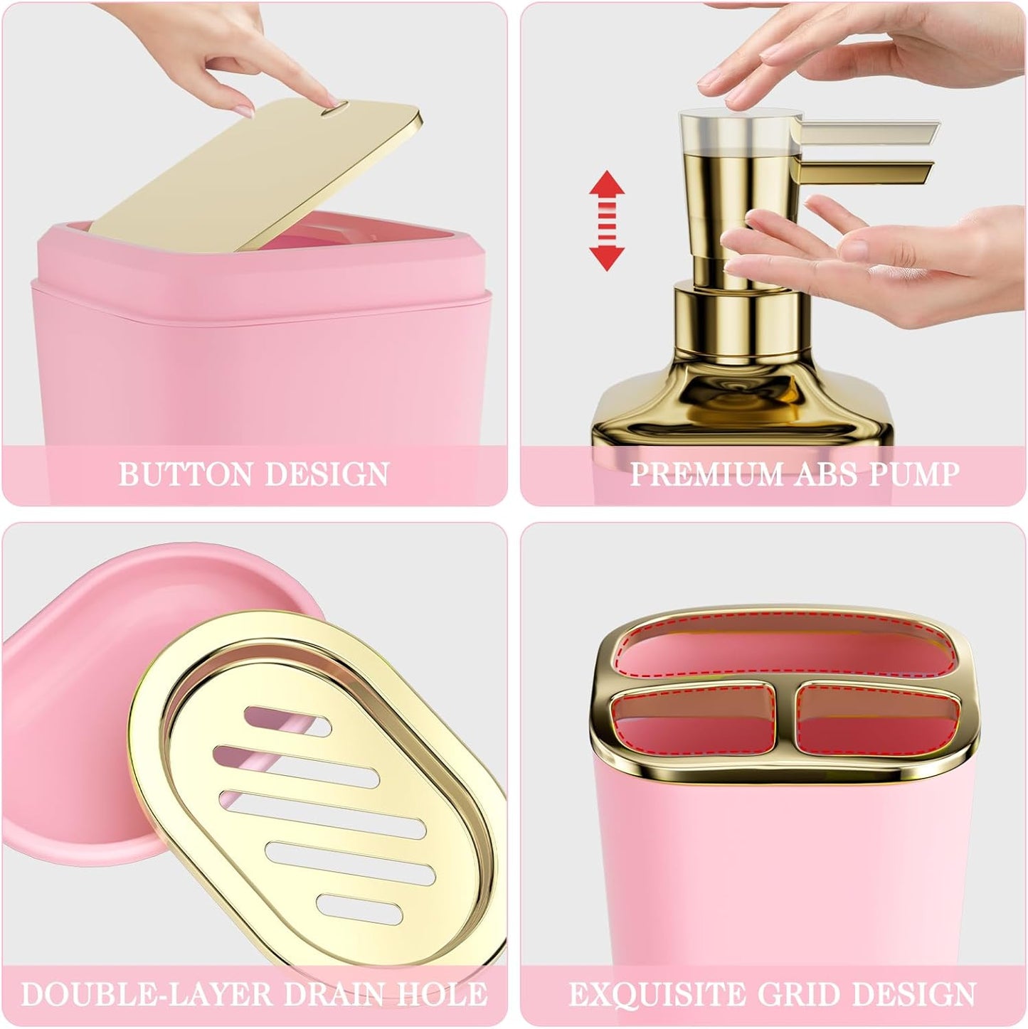 Bathroom Set - Bathroom Sets with Shower Curtain and Rugs, Bathroom Accessory Set, Pink Bathroom Accessories Set with Trash Can, Toilet Brush and Soap Dispensers