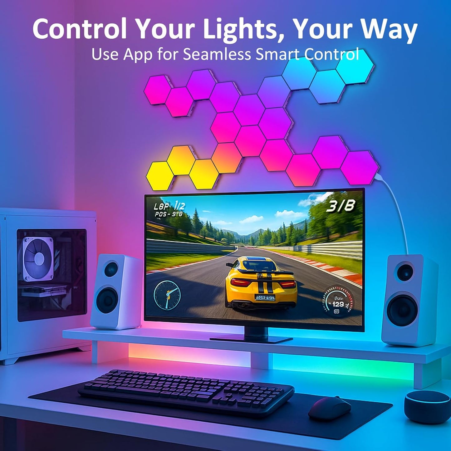 Hexagon LED Light Panels 8 Pack – Smart RGB Wall Lights with APP & Remote Control – Music Sync Modular Gaming Lights for Bedroom, Living Room, Wall Decor