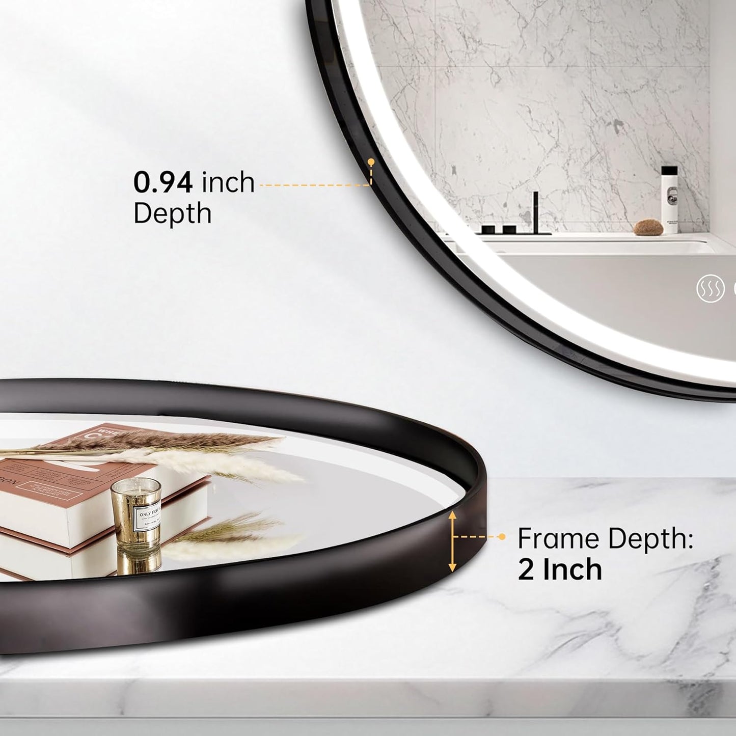 24 Inch Round Bathroom Mirror with Lights, Black Metal Framed Frontlit Circle Mirrors for Wall, Led Light Mirror with Anti-Fog, Memory Function, 3 Color Temperature, Dimmable Makeup Mirror