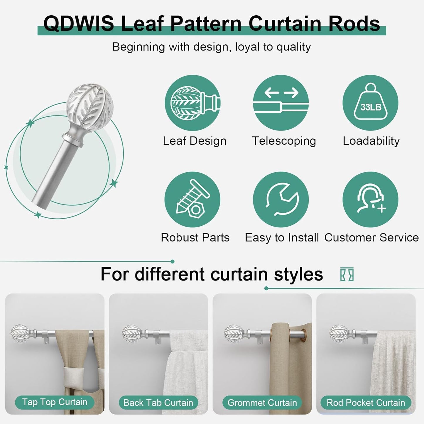 2 Pack Silver Curtain Rods for Windows 48 to 84 inch,1" Adjustable Heavy Duty Window Curtain Rod with Leaf Finials,Rustic Decorative Drapery Rods Set,Size:36-88''
