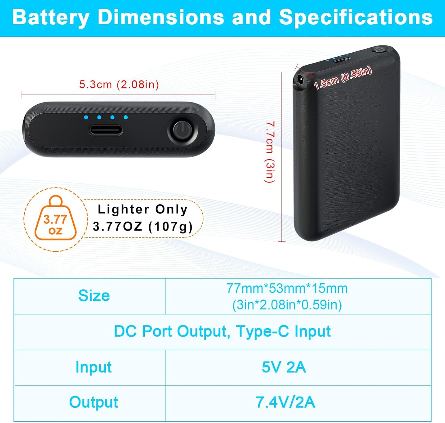 1 Pair 7.4V 2A 3000mAh Li-Polymer Rechargeable Battery Pack, Batteries for Battery Heated Glove with 3.5mm Female DC Jack for Heated Gloves, Heated Slippers, Heated Socks, Heated Scarf &Heated Insoles