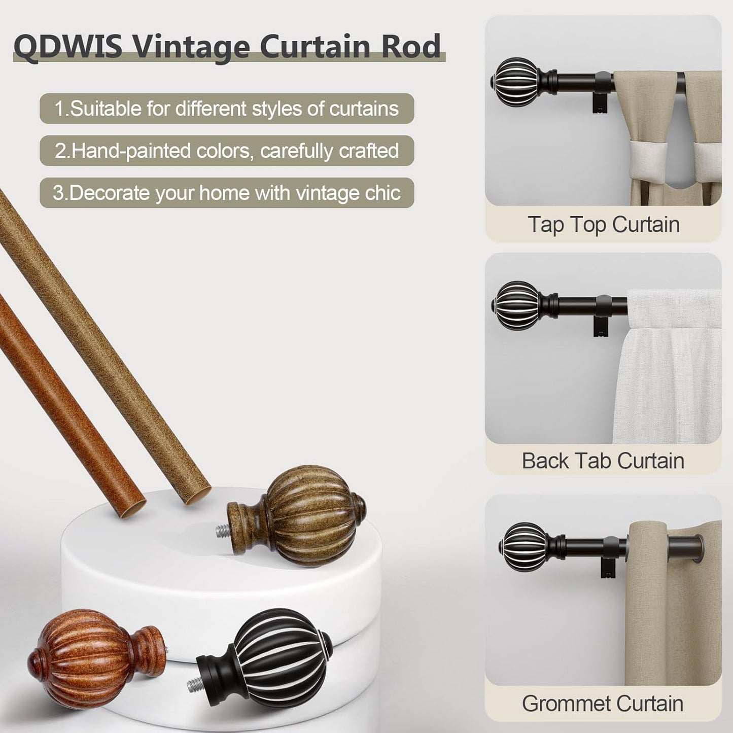 2 Pack Black Curtain Rods for Windows 48 to 84 Inch, 1'' Adjustable Heavy Duty Curtain Rod,Vintage Decorative Drapery Rods with Pumpkin Finials for Bedroom Living Room