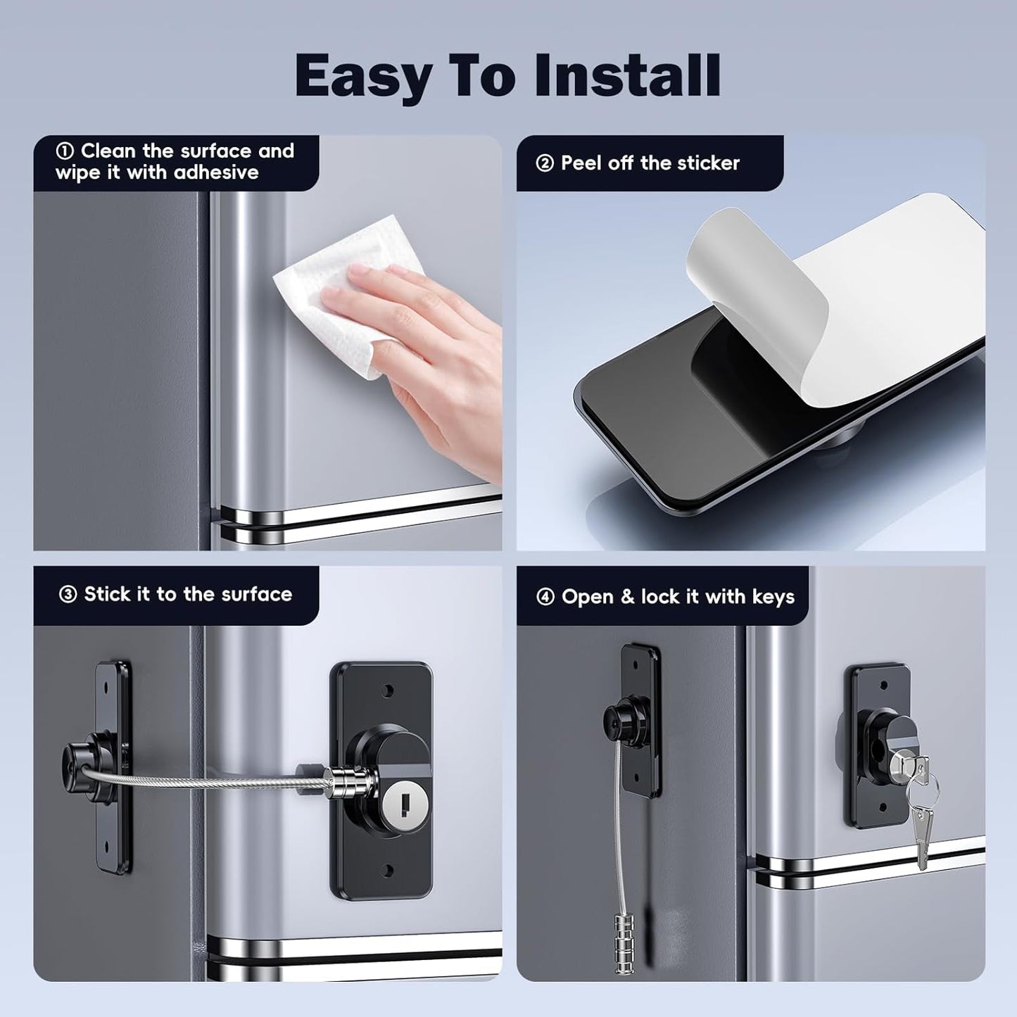 2 Pack Refrigerator Door Lock with Adhesive, No Tools Required, Child Proof Fridge Door Lock for Kids and Pets, Self Adhesive Latch for Freezer, Cabinets, Drawers, Windows (Patent)