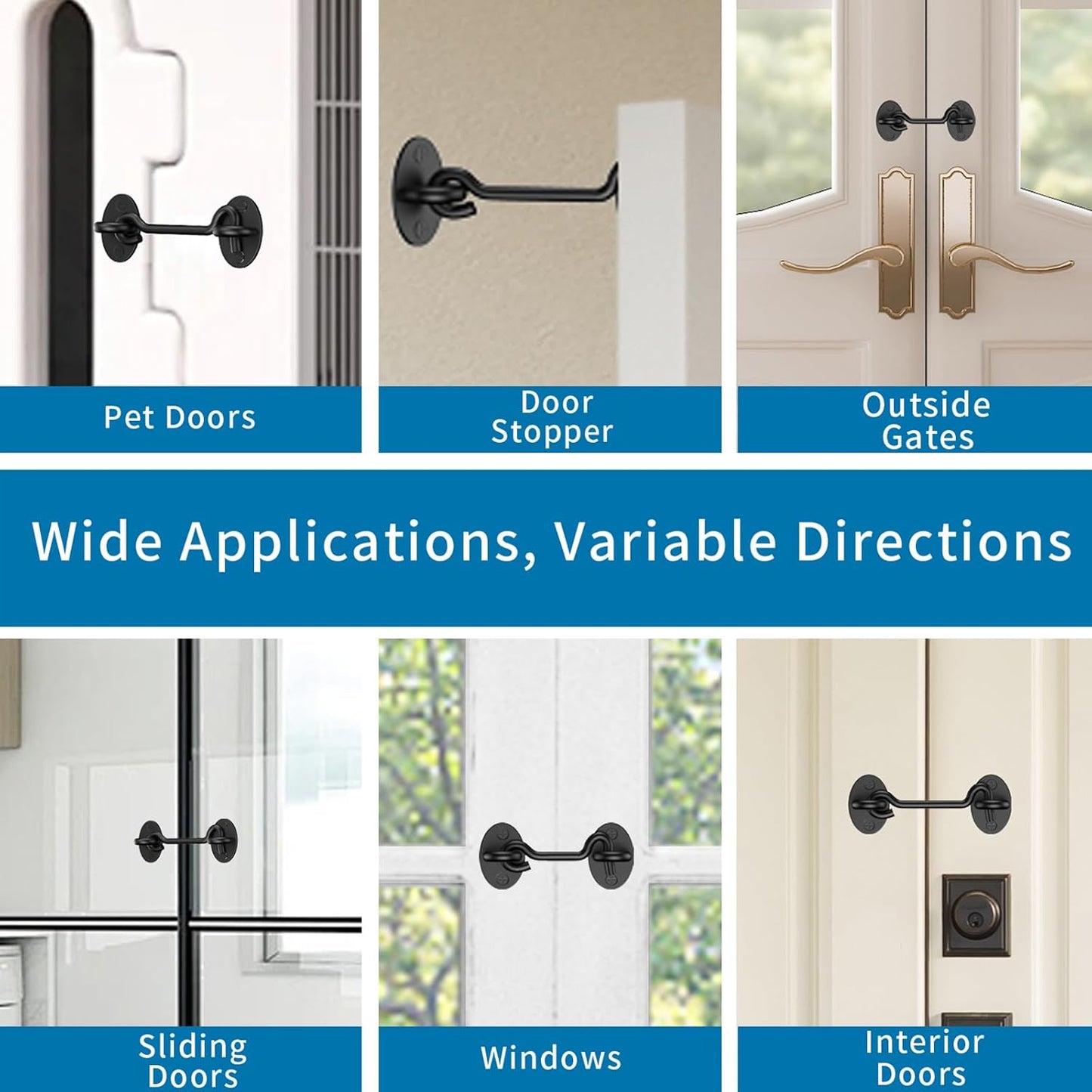 2 Pack Barn Door Latch Lock 6" Black Hook and Eye Latch with Screws, Rust-Resistant Metal Gate Latch for Window, Cabin Hooks, Sliding Door, Bathroom, Bedroom