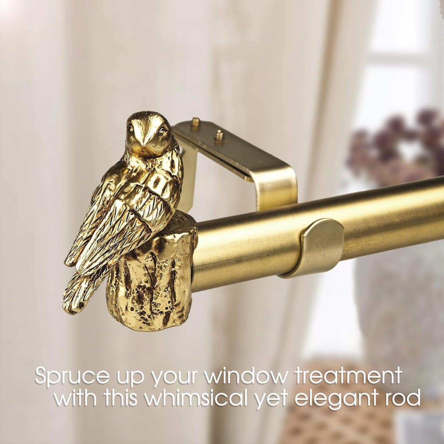 1-1/8 Inch Diameter Brushed Gold Curtain Rod with Bird Design Finials, 36-72'' Telescoping Single Curtain Rods for window width 24-68 inch, 1 pack