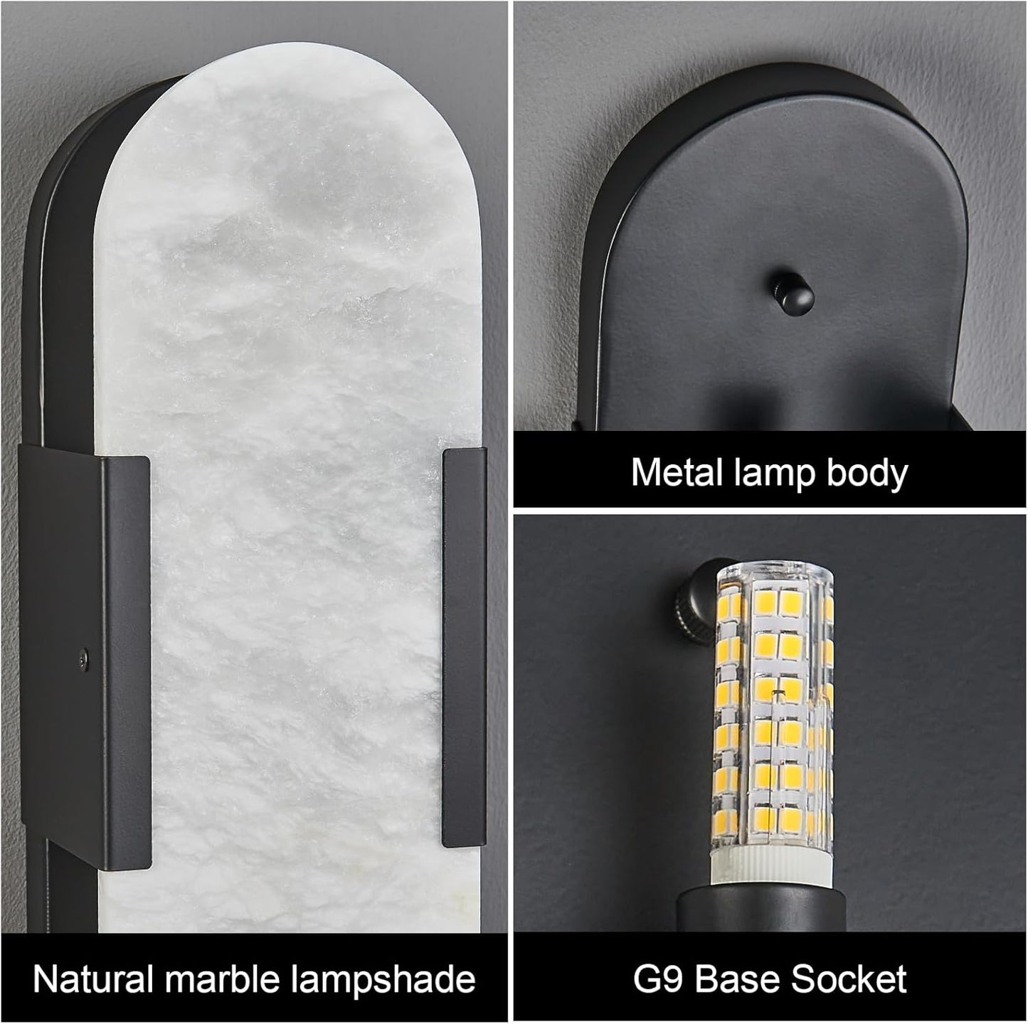 Alabaster Wall Sconce, Modern Natural Marble Wall Sconces for Indoor Lighting, 13.8 in Black Wall Lights for Bathroom Dining Room Stairs Bedroom (1-Pack)