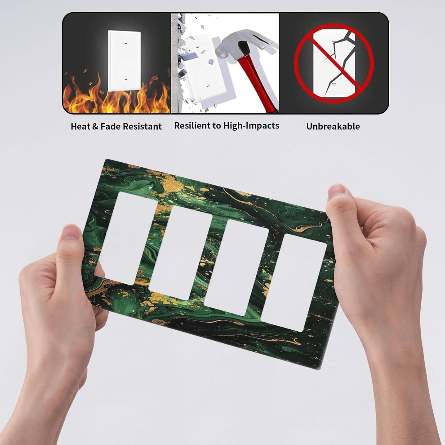 Green/Gold Modern Abstract Luxury Marble 4 Gang Wall Plates Outlet Covers Quad Rocker Light Switch Cover Plate Decorative Switch Plates GFCI Electrical Faceplate for Bathroom Bedroom 4.5 X 8 IN