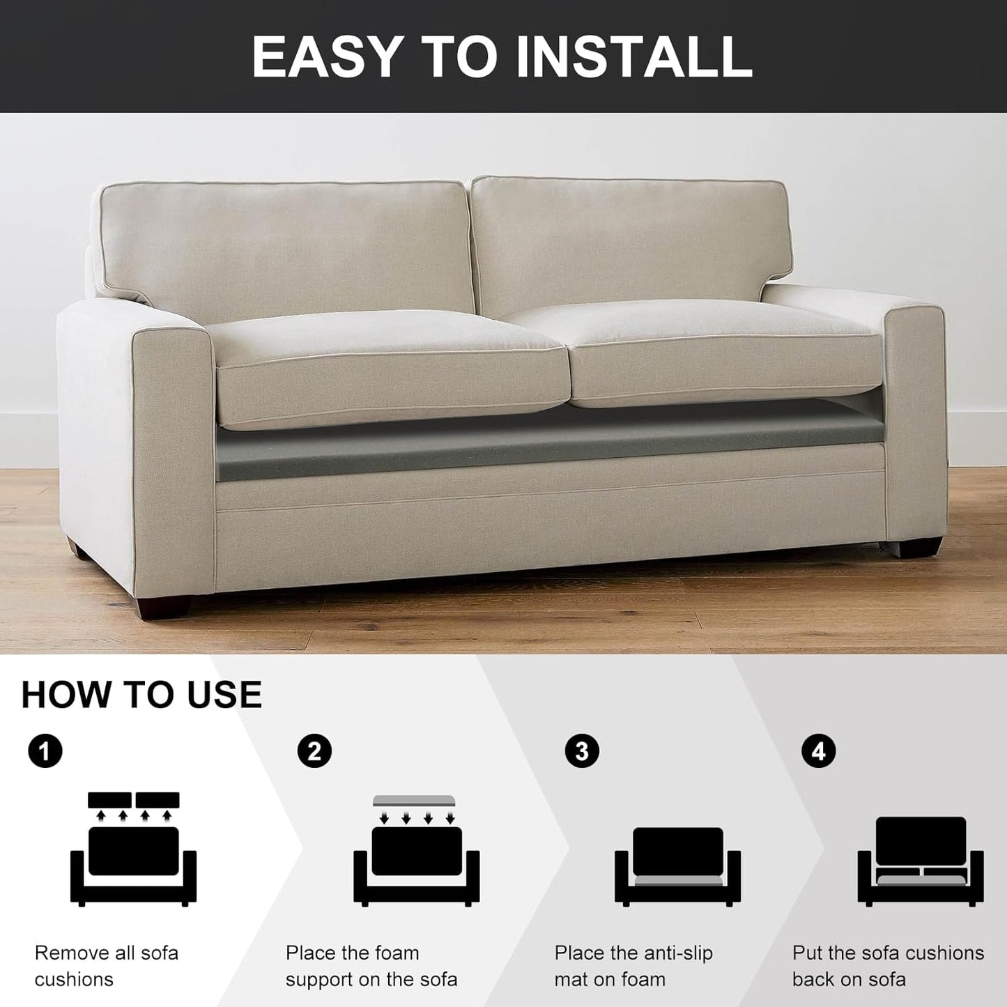 HAVARGO Couch Cushion Support High Density Foam 24X24X2.4 Inches Sofa Couch Supports for Sagging Cushions Light Grey 3Pc with Anti Slip Mesh Fabric