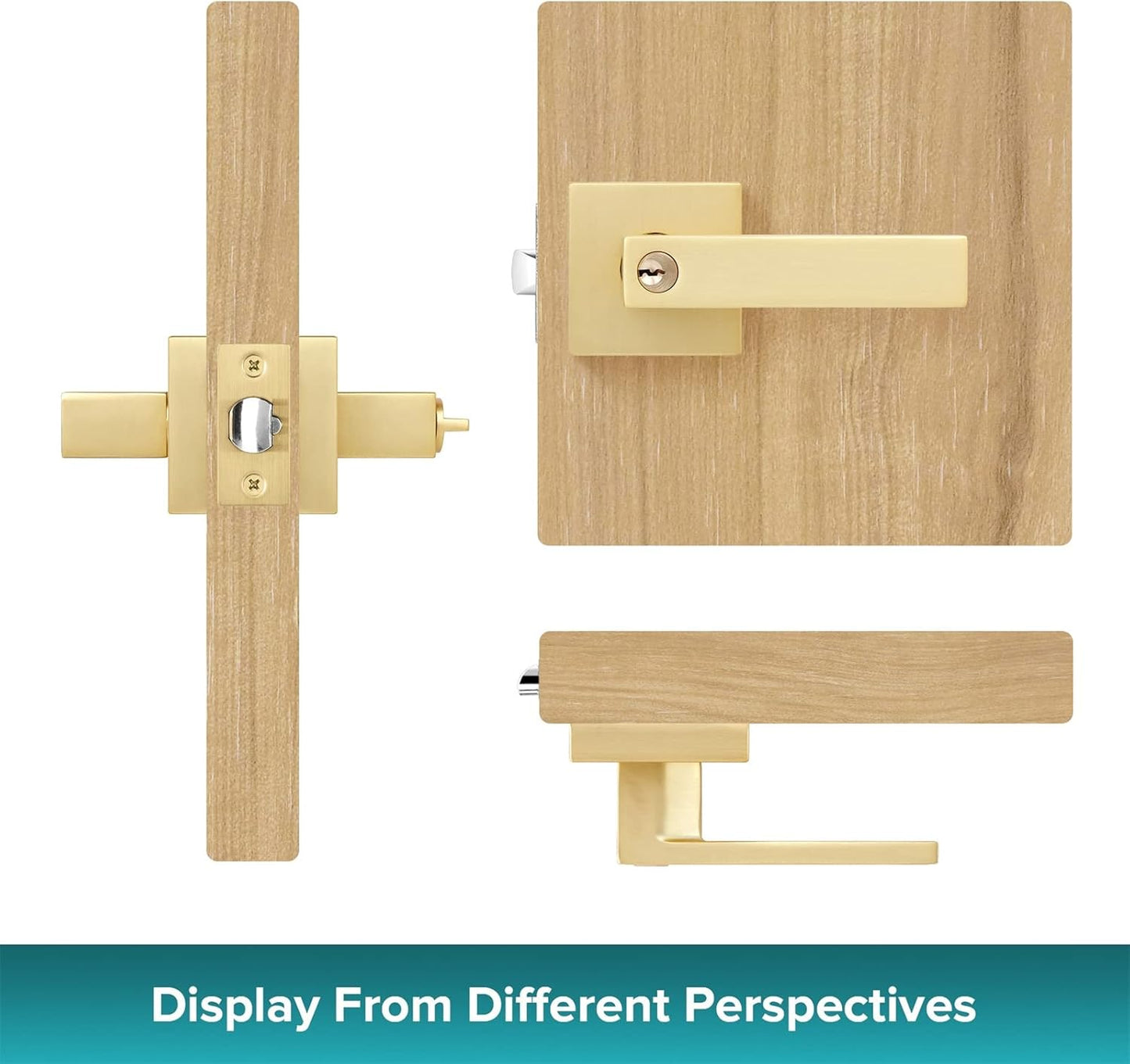 1 Pack Brushed Gold Door Knobs Heavy Square Gold Door Knob with Lock, Left/Right Hand Reversible, Door Lever for Front/Exterior, Gold Door Handles Interior