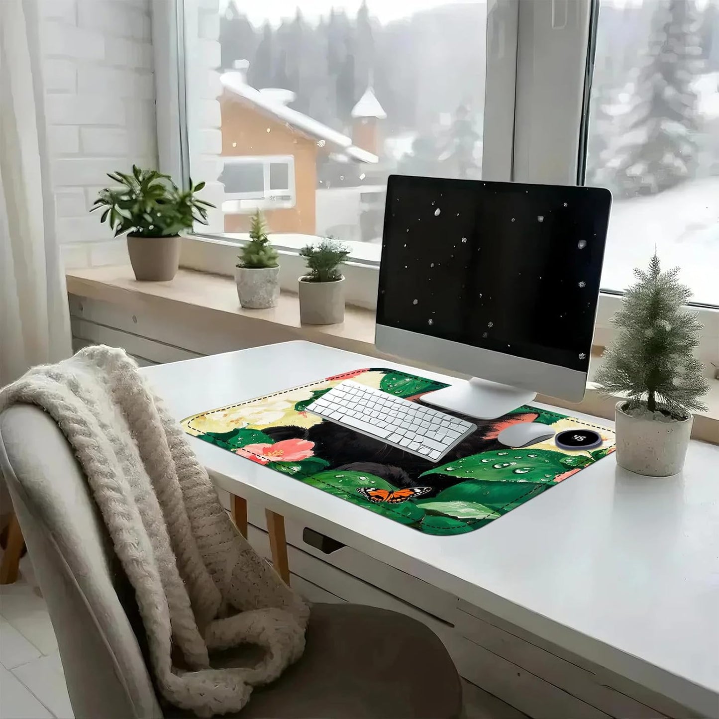 Heated Mouse Pad with 3 Temperature Settings(104°F–122°F),Large 24x14.2 Inch PU Leather Heated Desk Mat,Waterproof Warming Pad for Office,Gaming & Cold Hands Relief,Flower Black Cat Art