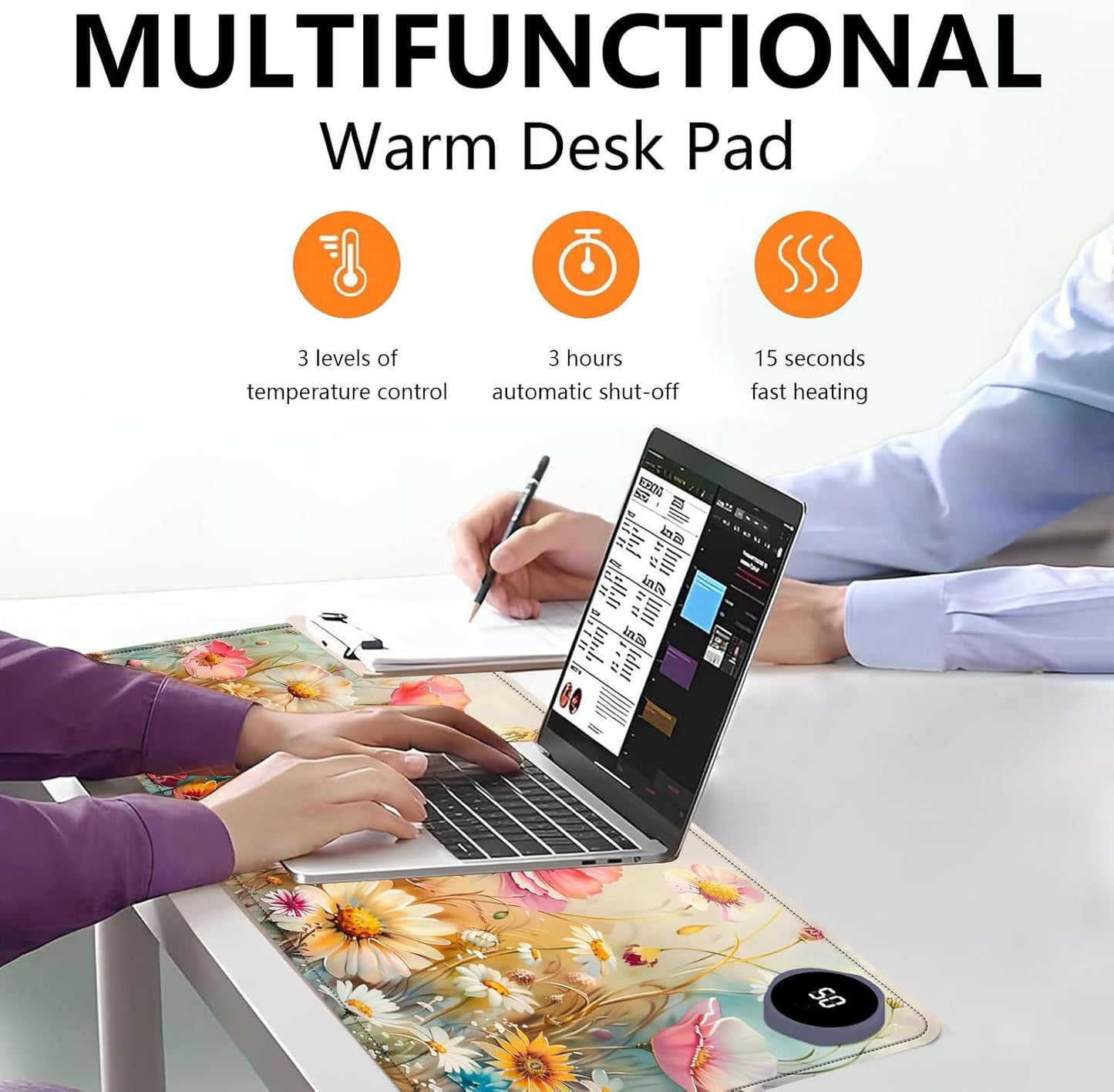 Heated Mouse Pad with 3 Levels Heated & 3 Hours Auto Shut-Off Mouse Pad for Warming Hands in Office Home, 23.6" x 14.2"Large Safe Desk Mat Hand Warmer,Colorful Flowers