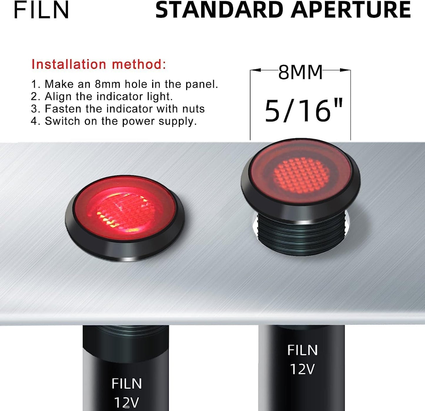 5Pcs 8MM (5/16'') led Indicator Light 12V 24V Metal Indicator Waterproof ip67 Applicable to car Coffee Machine Pilot Lamp (12V-Black Anodized-Red Green Yellow Blue White 5Pcs)