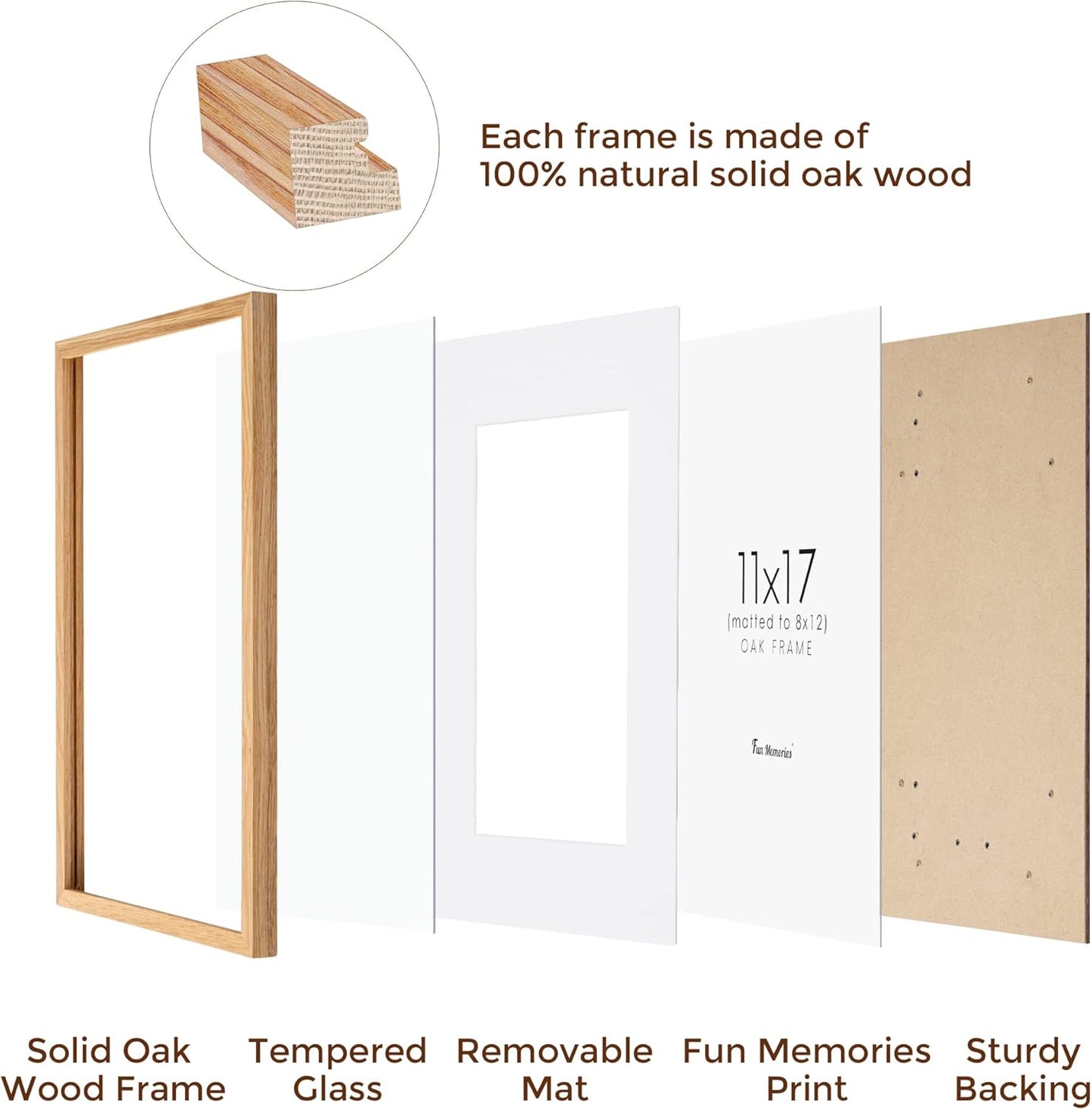 11x17 Picture Frame Set of 3, Solid Oak Wood Photo Frames 11"x17", 11 by 17 Poster Frames for Wall, 11 x 17 Frame with Mat for 8 x 12, Tempered Real Glass, 11x17 Inch Wood Frames (Oak Color, 3 Pack)