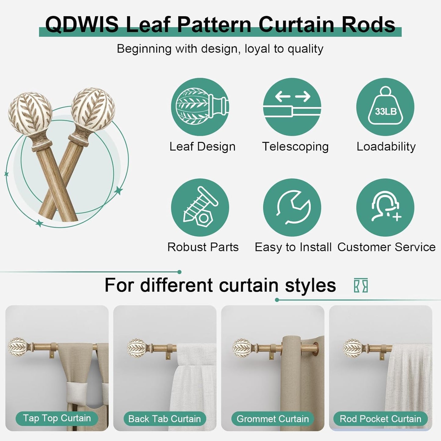 2 Pack Boho Wood Curtain Rods for Windows 28 to 48 inch,1" Adjustable Heavy Duty Window Curtain Rod with Imitation Wood Grain Finials,Rustic Decorative Drapery Rods Set 18-60'',Weathered Wood