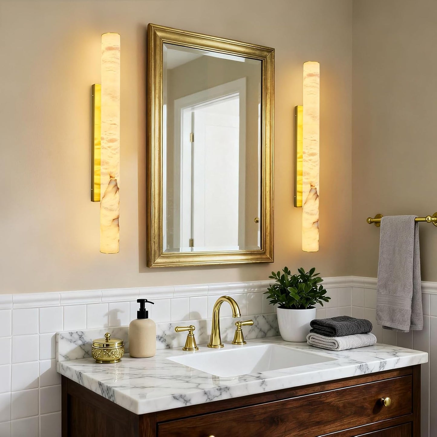 LMQNINE Natural Alabaster Wall Sconces Spanish Marble Wall Light Cylinder Modern Gold LED Sconce for Living Room Bedroom Bathroom Stairs(L-1Pack)
