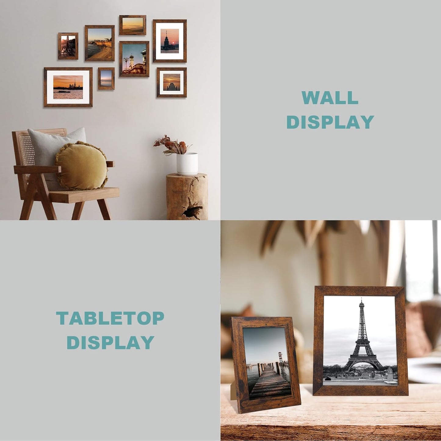iRahmen 10x14 Picture Frame Set of 4 with Tempered Glass, Rustic Frame Display 8x12 Pictures with Mat or 10 x 14 Without Mat, Wooden Photo Frames for Wall Mounting