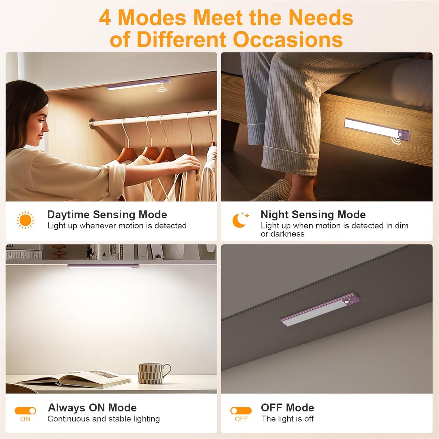 Gritin 10.2inch Under Cabinet Lighting Rechargeable -84 LED Super Bright,3-Color& 5 Level Brightness,4 Modes,Motion Sensor, Long Lasting- Easy Installation Magnetic Closet Lights -2 Pack-Mauve