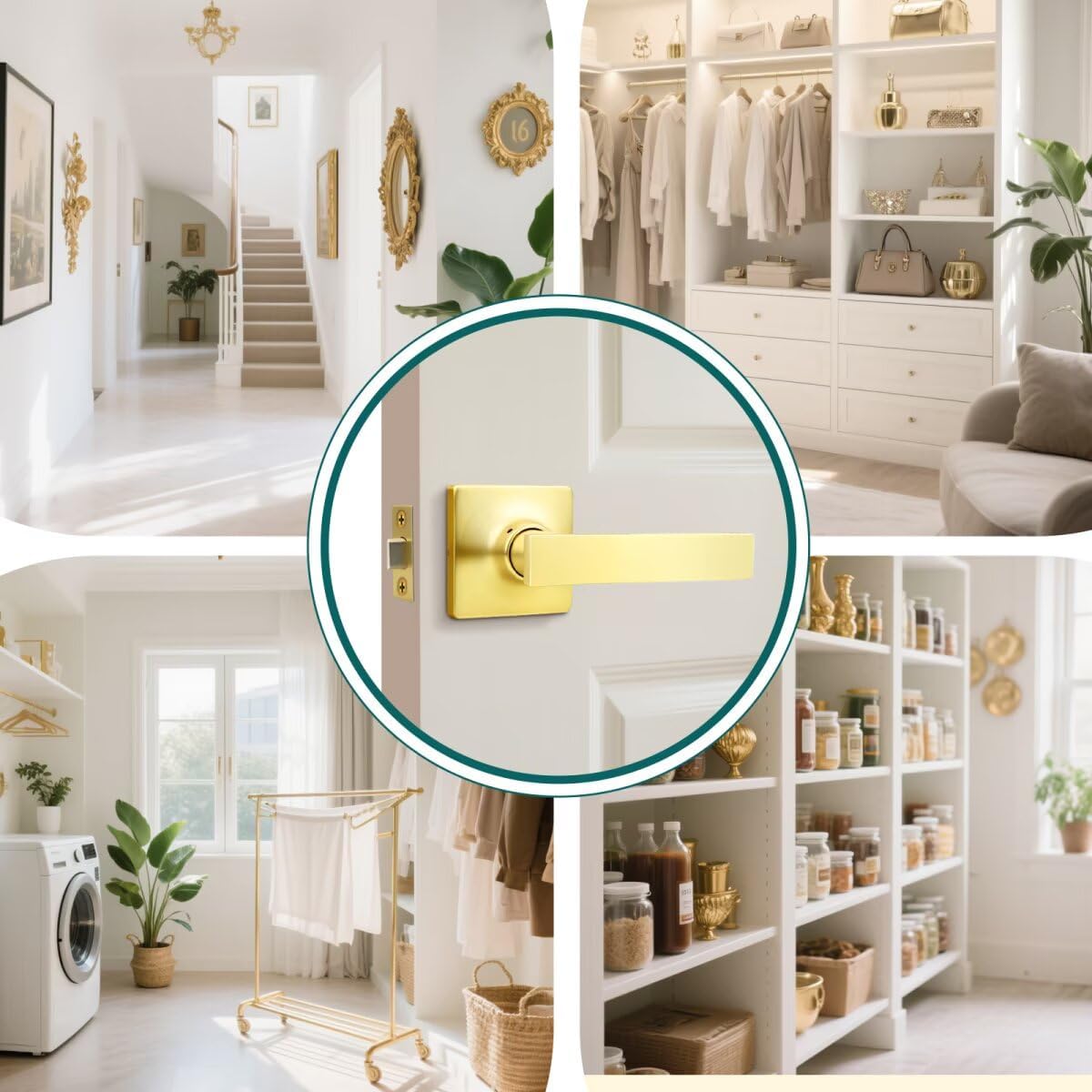 GOBEKOR 5 Pack Gold Door Handles Interior,Heavy Duty Passage Door Handles Interior Door Levers for Hallway and Closet, Modern Sleek Round Door Locks