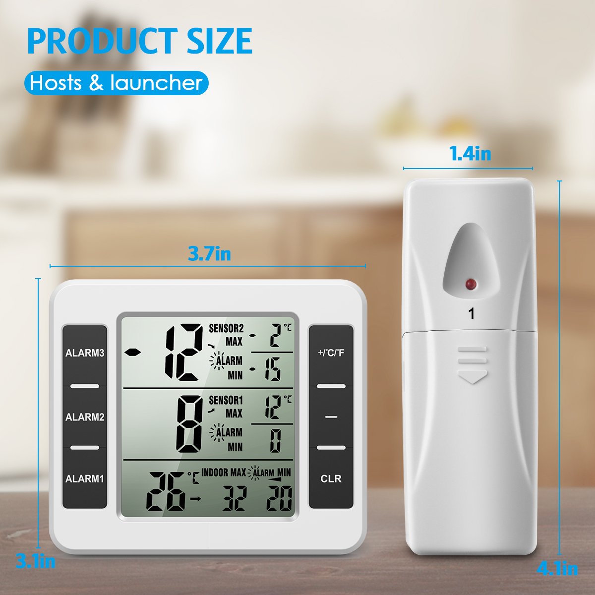 (UPGRADED) AMIR Refrigerator Thermometer, Wireless Indoor Outdoor Freezer Thermometer, Sensor Temperature Monitor with Audible Alarm Temperature Gauge for Kitchen, Freezer, Home (Battery not Included)