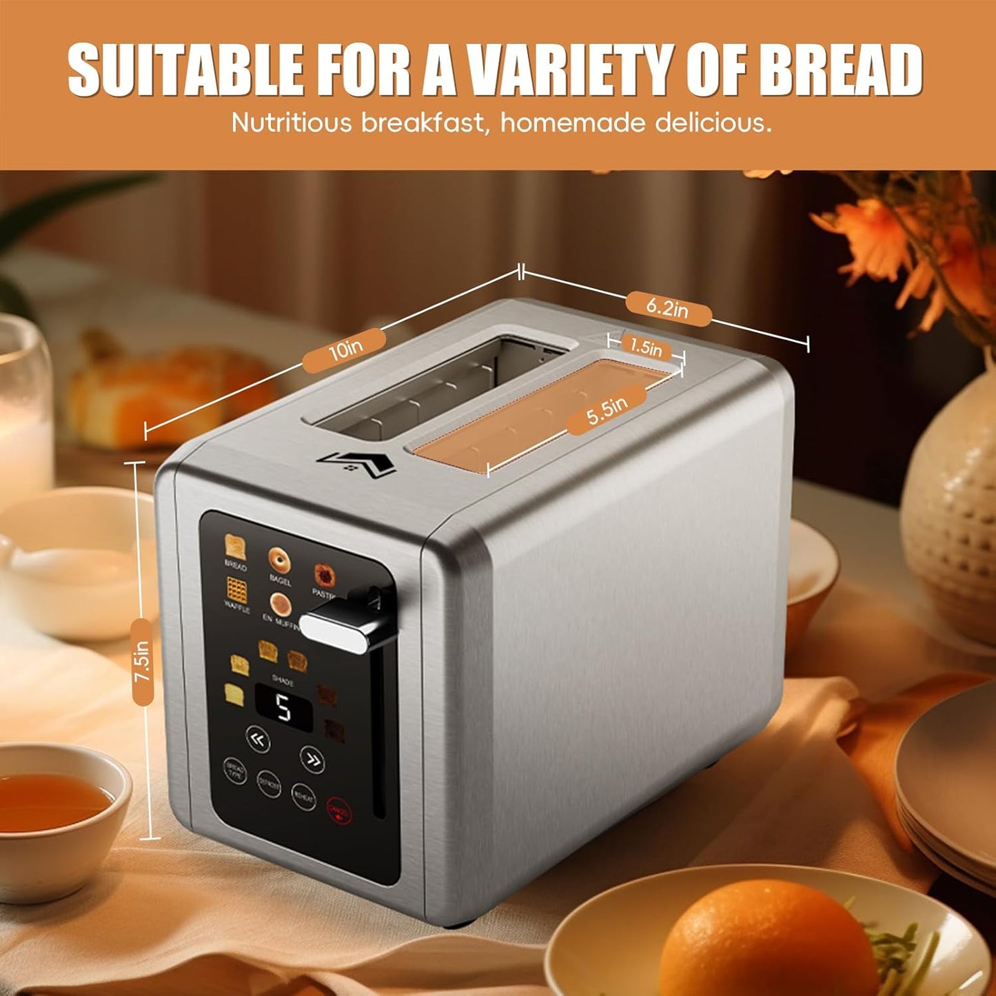 2 Slice Toaster,Touchscreen & Dual Independent Control Panel,5 Basic Functions & Digital Countdown Toasters,6 Shade Settings&6 Bread Types,Smart Bread Maker Mute/Screen-Off,Silver