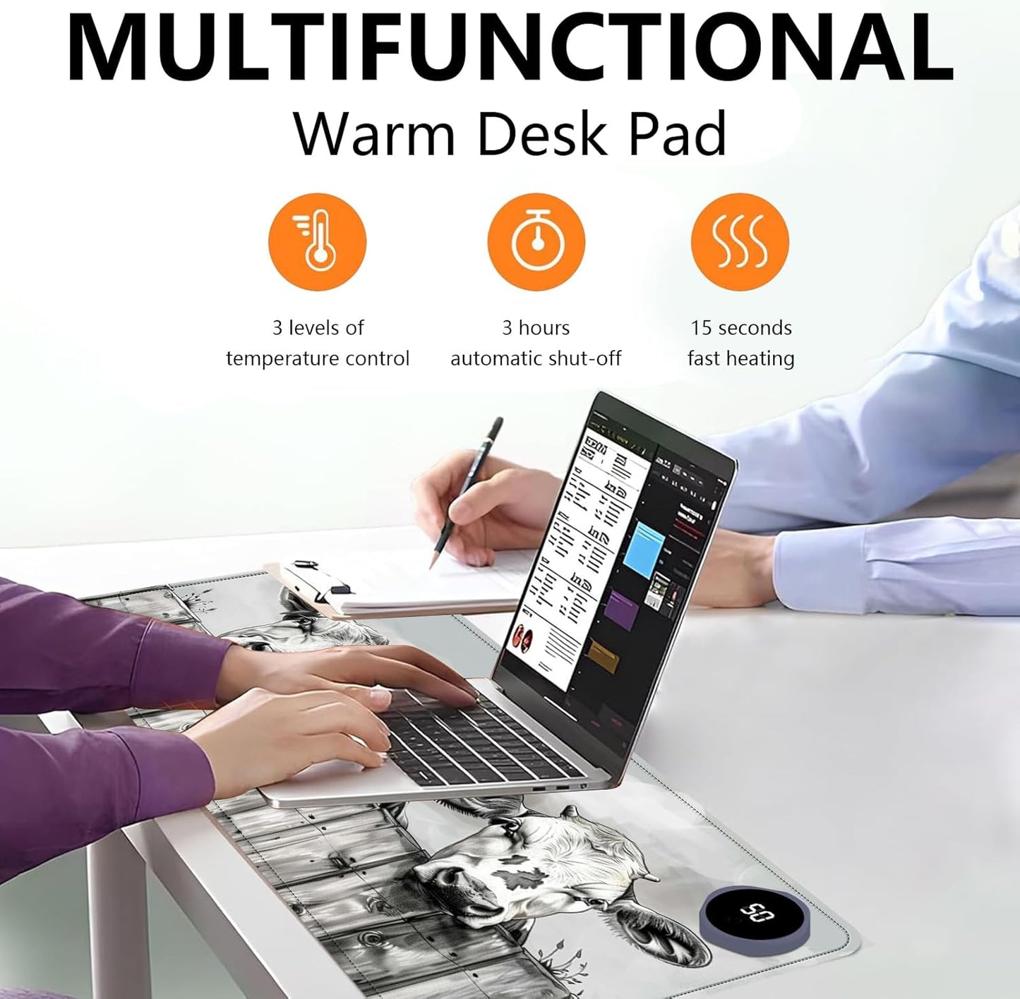 Heated Mouse Pad with 3 Levels Heated & 3 Hours Auto Shut-Off Mouse Pad for Warming Hands in Office Home, 23.6" x 14.2"Large Safe Desk Mat Hand Warmer,Three Lovely Cows
