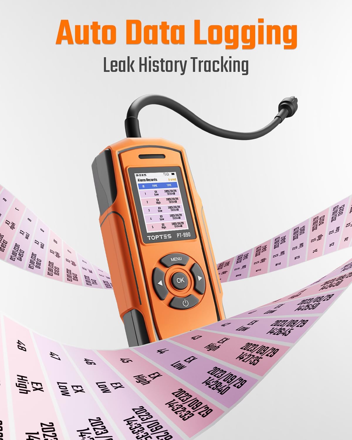 TopTes PT-990 Rechargeable Gas Leak Detector with 11 inch Probe, Detection Range 0-10000 ppm, Data Logging & 3 Types Alarm, Natural Gas Detector for Propane, Methane for Industrial & Home - Orange